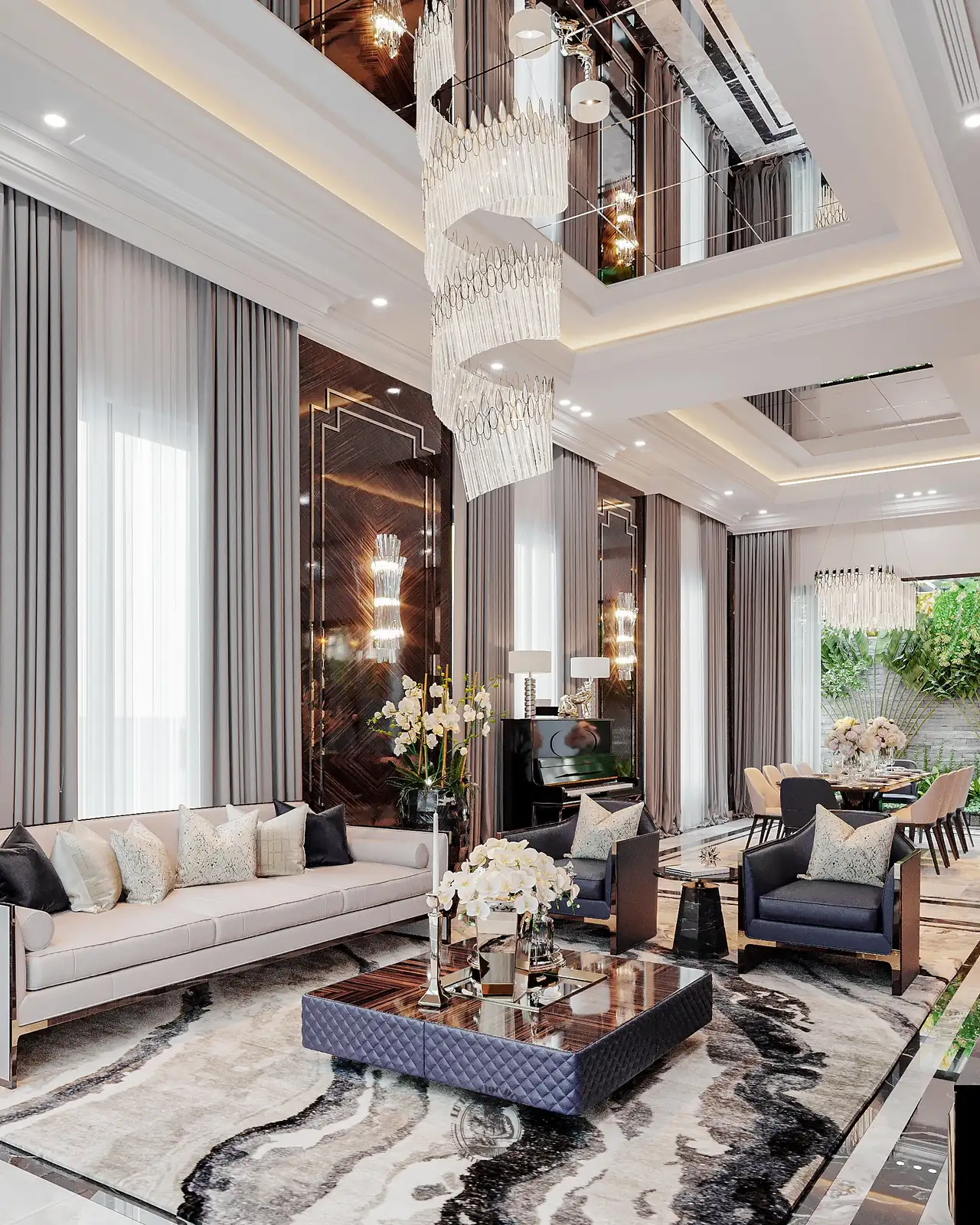 Vách đá xanh đen và tủ kính gỗ trầm – thiết kế nội thất biệt thự Tân Phú – LU Design