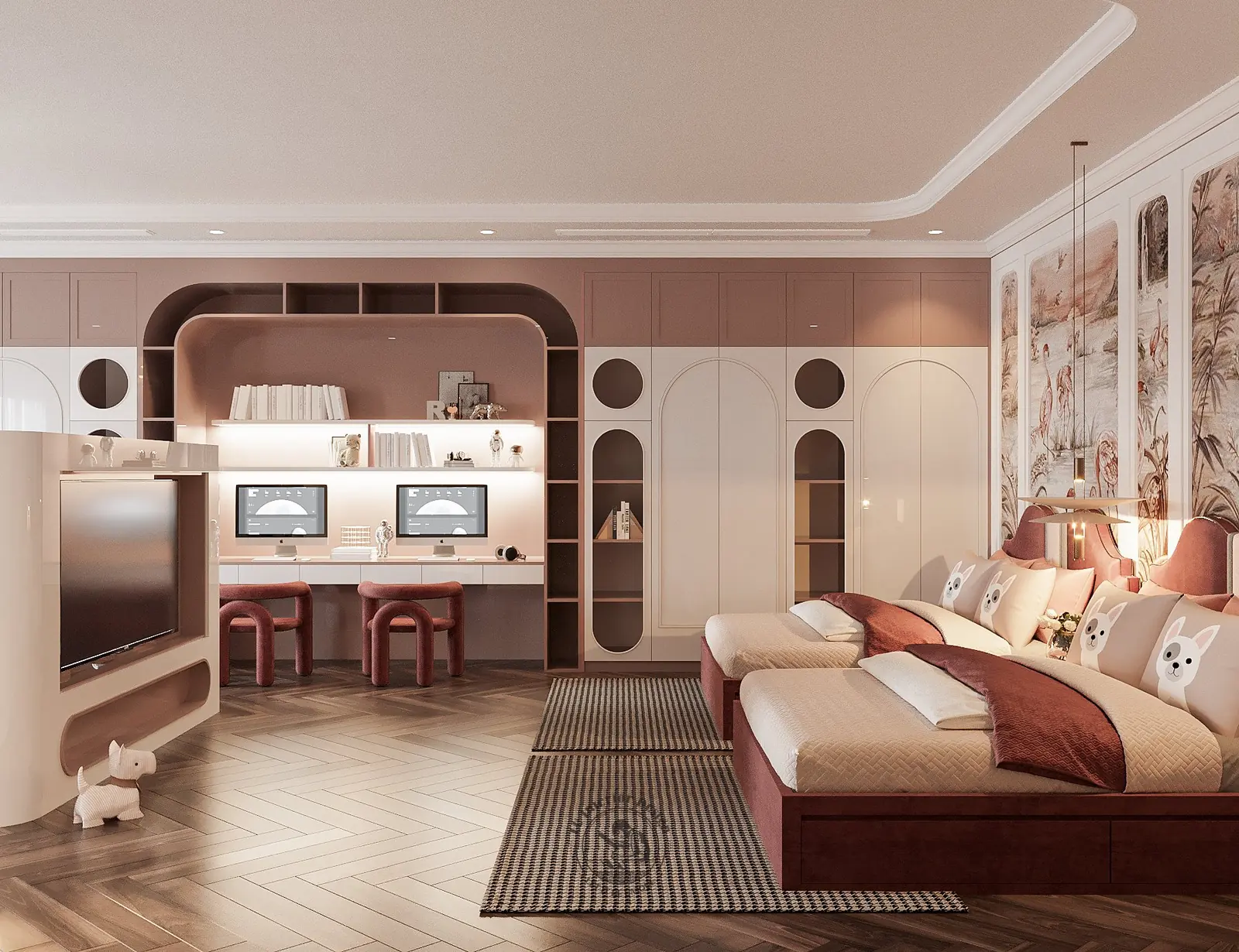 Giường và vách vẽ hoa anh đào – thiết kế nội thất biệt thự Tân Phú – LU Design