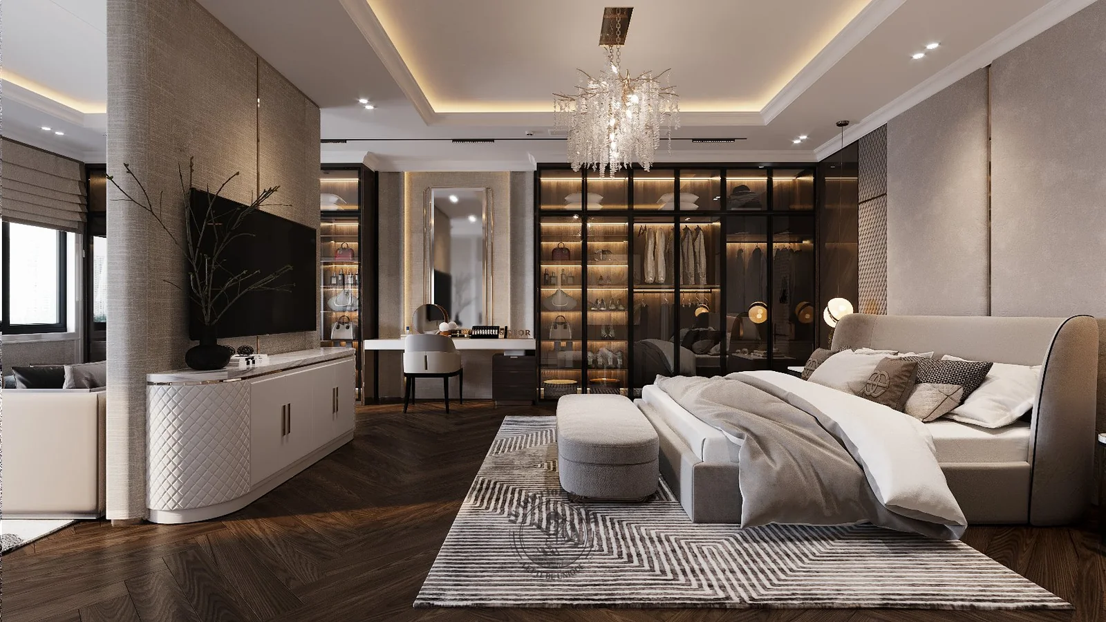 Giường master nhìn từ vách tivi – thiết kế nội thất biệt thự Tân Phú – LU Design