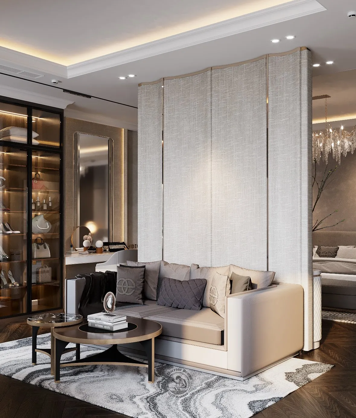 Vách đá và sofa phòng master – thiết kế nội thất biệt thự Tân Phú – LU Design