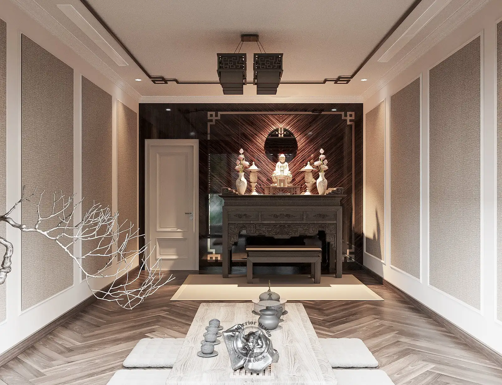 Phòng thờ với bàn thờ gỗ – thiết kế nội thất biệt thự Tân Phú – LU Design