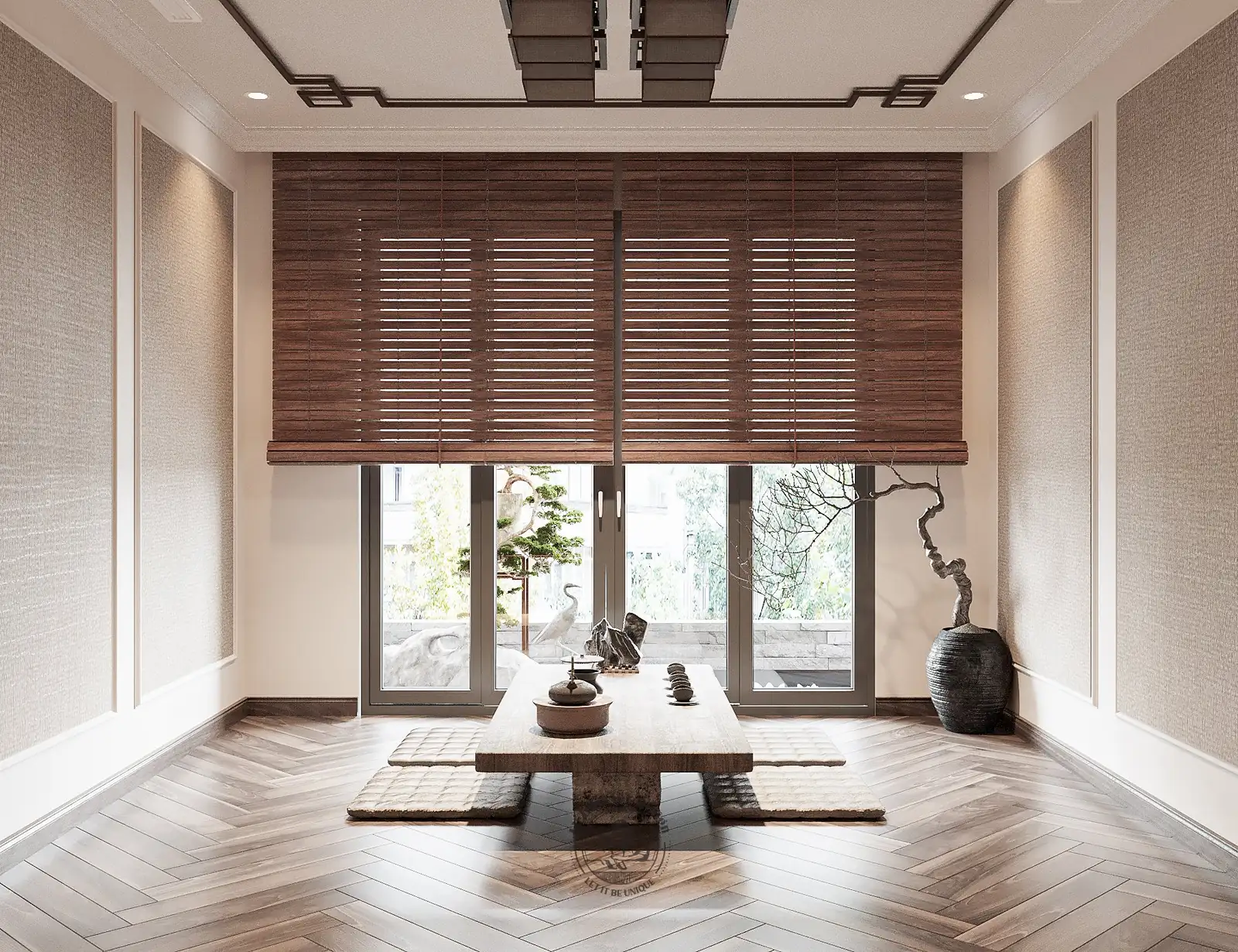 Phòng trà rèm gỗ và bàn trà thấp – thiết kế nội thất biệt thự Tân Phú – LU Design