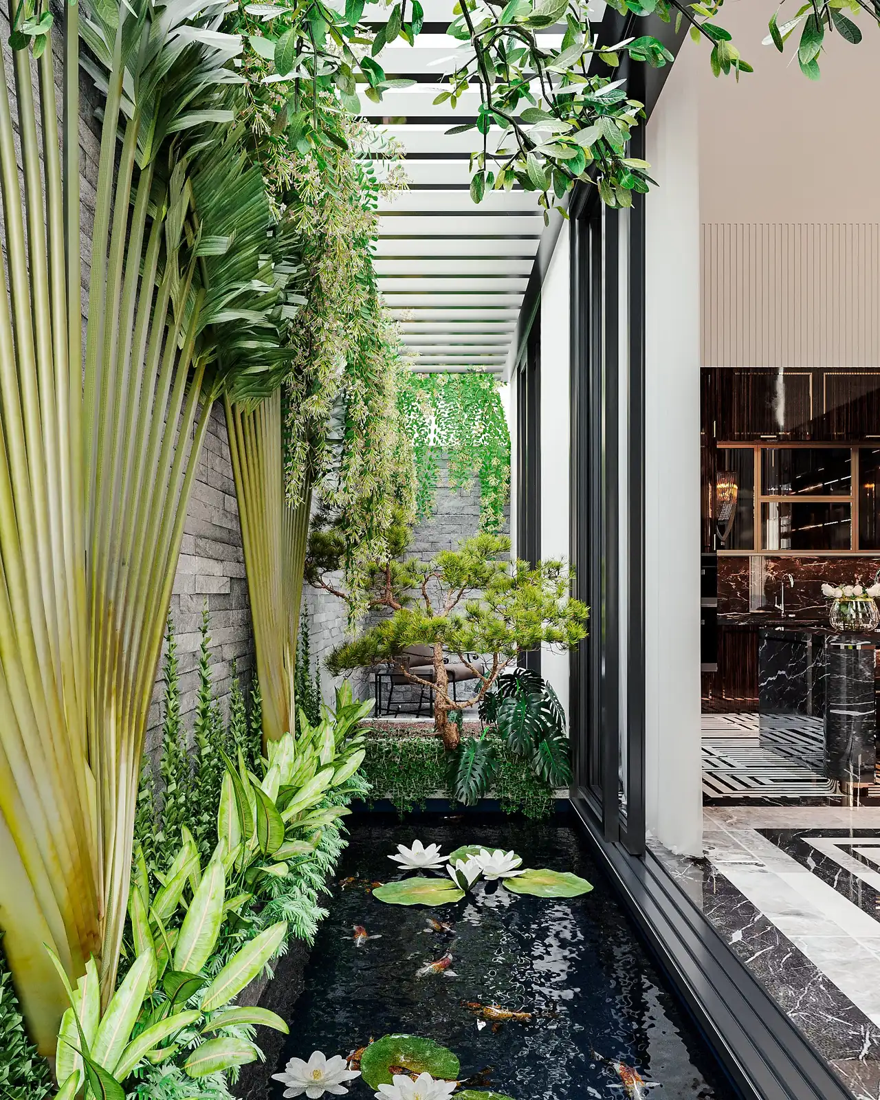 Mảng cây xanh leo thẳng đứng ở giếng trời – thiết kế nội thất biệt thự Tân Phú – LU Design