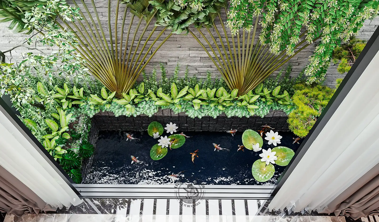 Giếng trời với hồ cá và hoa súng giữa nhà – thiết kế nội thất biệt thự Tân Phú – LU Design