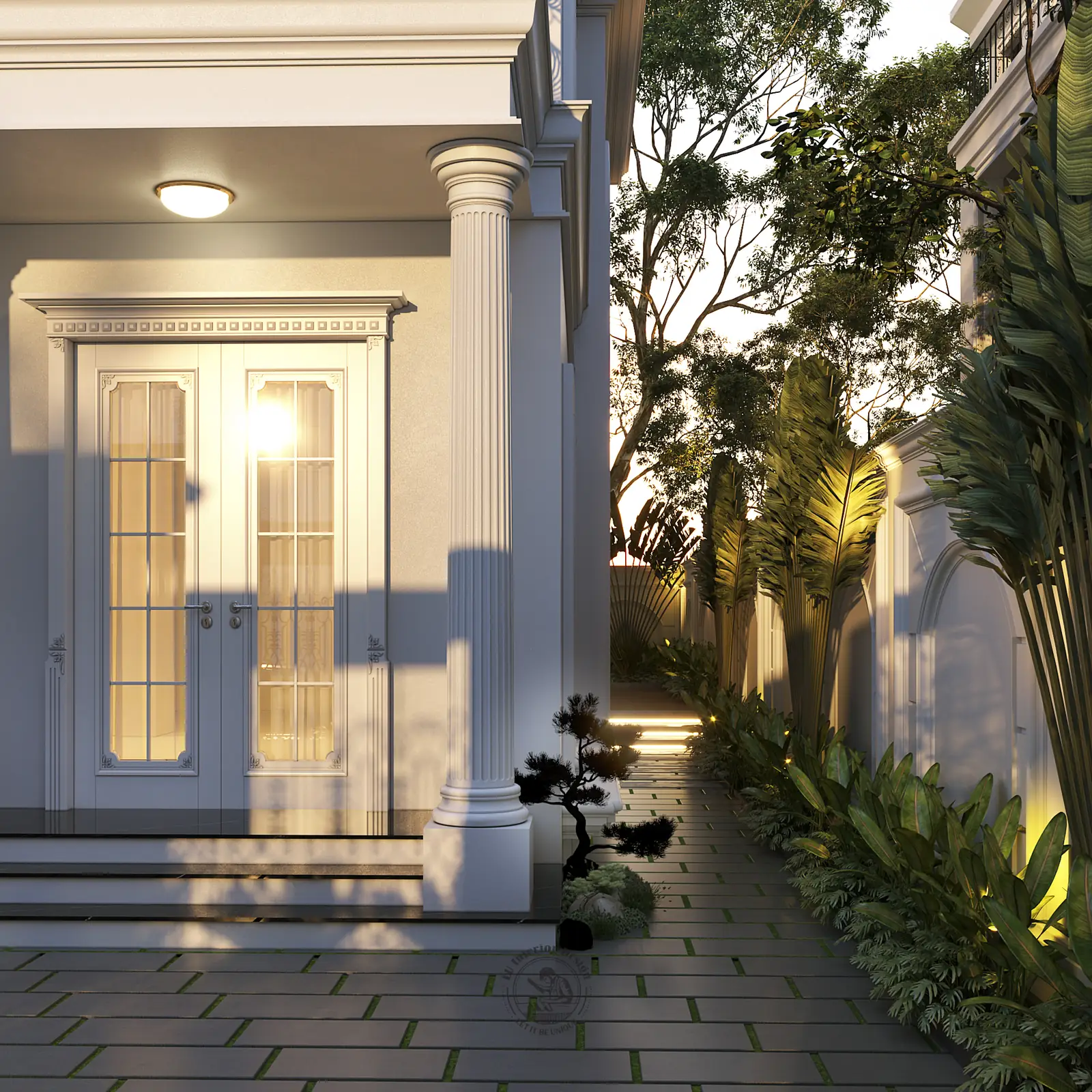 Cửa phụ với tam cấp đèn hắt – thiết kế nội thất biệt thự Tân Phú – LU Design