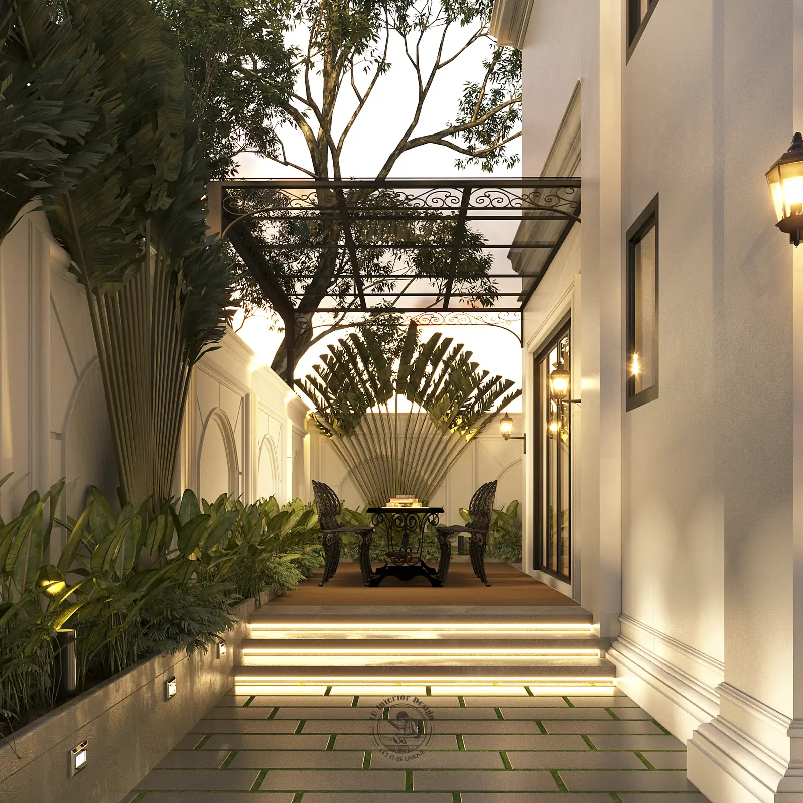 Góc nghỉ chân dưới giàn mái và cây xanh – thiết kế nội thất biệt thự Tân Phú – LU Design