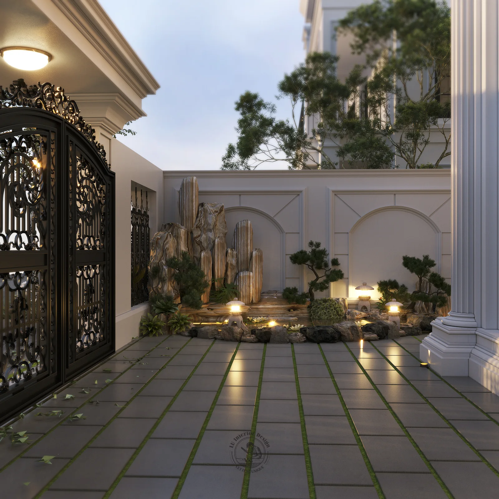 Sân trong lát đá và cổng sắt – thiết kế nội thất biệt thự Tân Phú – LU Design