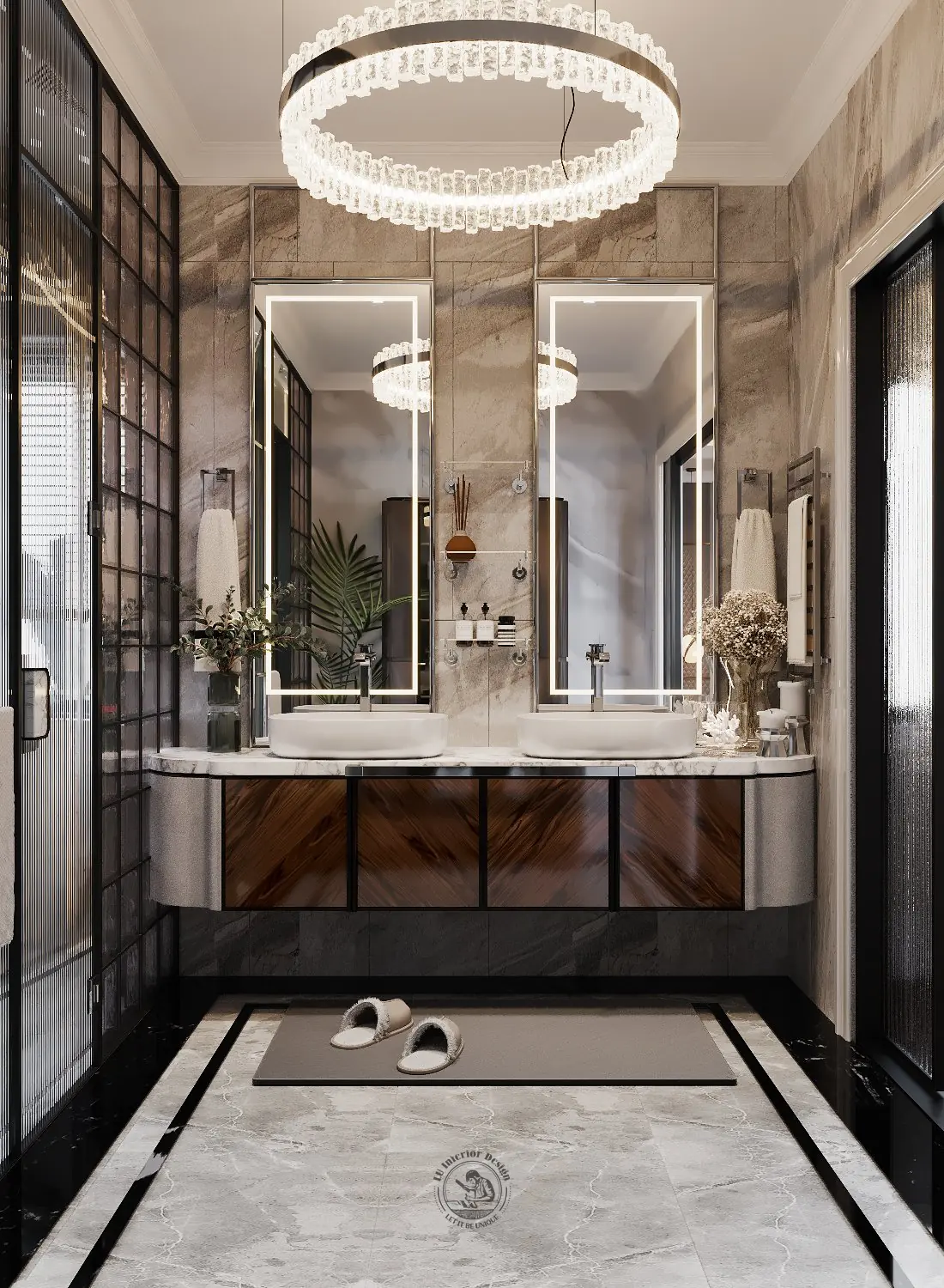 Lavabo đôi và đèn tròn phòng tắm master – thiết kế nội thất biệt thự Tân Phú – LU Design