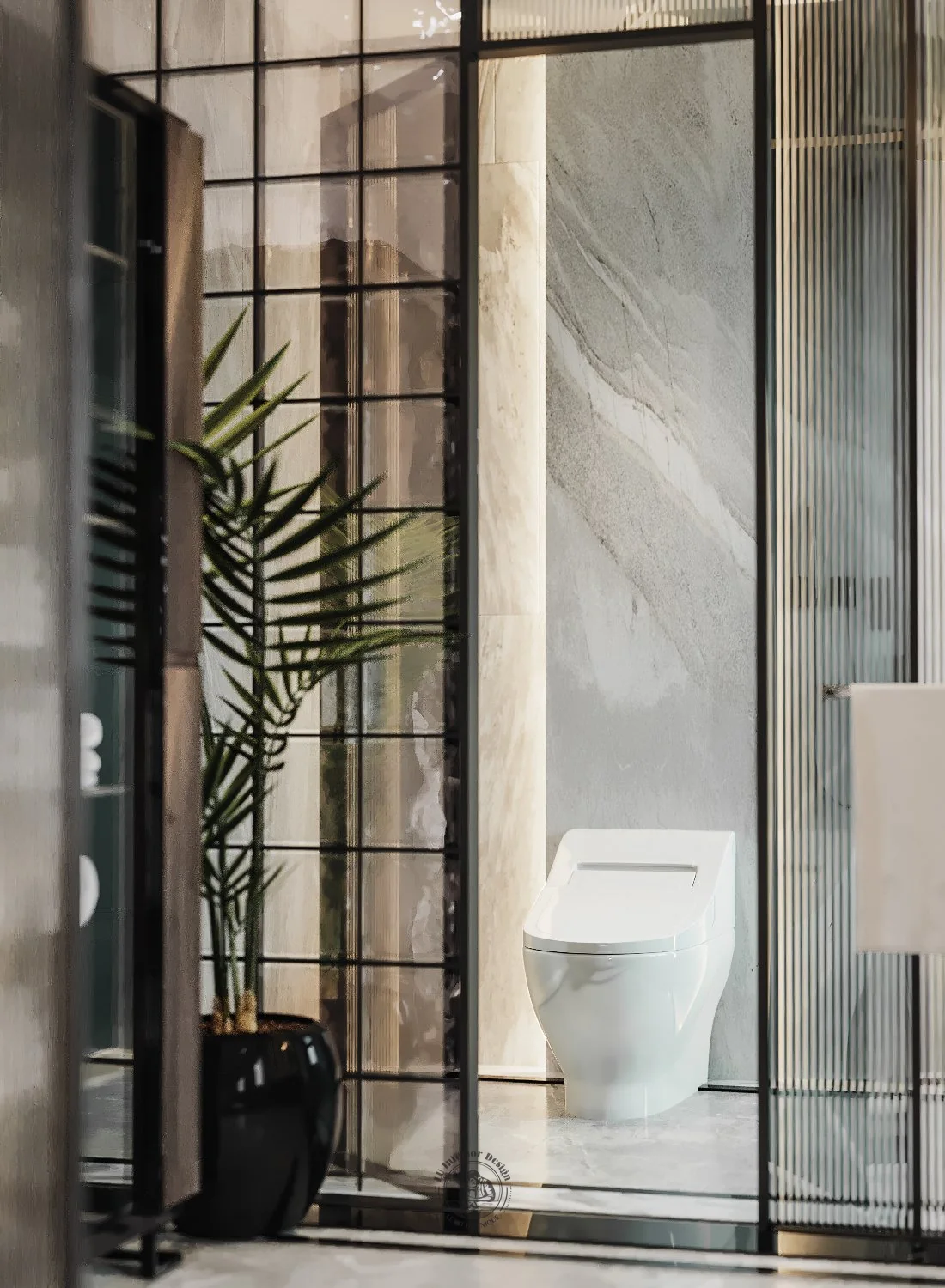Phòng tắm master vách kính khung đen – thiết kế nội thất biệt thự Tân Phú – LU Design