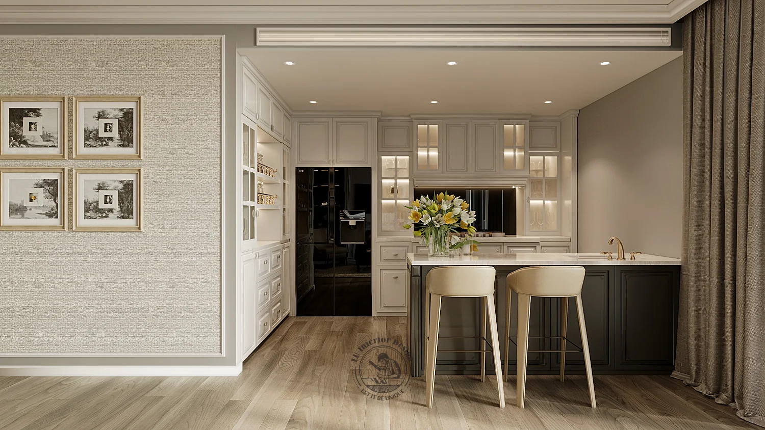 Quầy bar ghế cao và tủ bếp trắng cửa kính đèn hắt – thiết kế nội thất căn hộ 126m² Phú Mỹ Hưng – LU Design