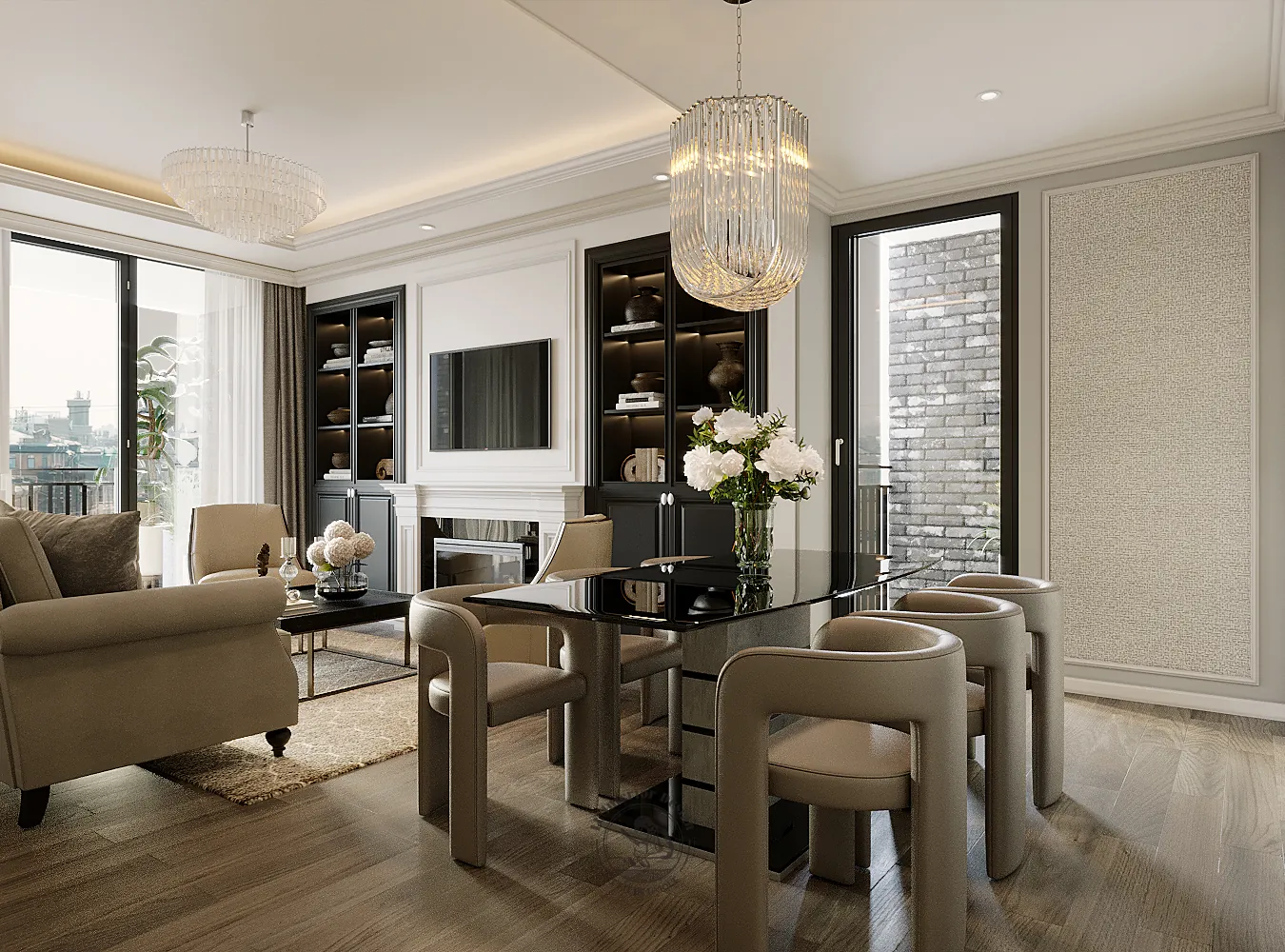 Bàn ăn mặt kính đen nhìn ra phòng khách và ban công – thiết kế nội thất căn hộ 126m² Phú Mỹ Hưng – LU Design