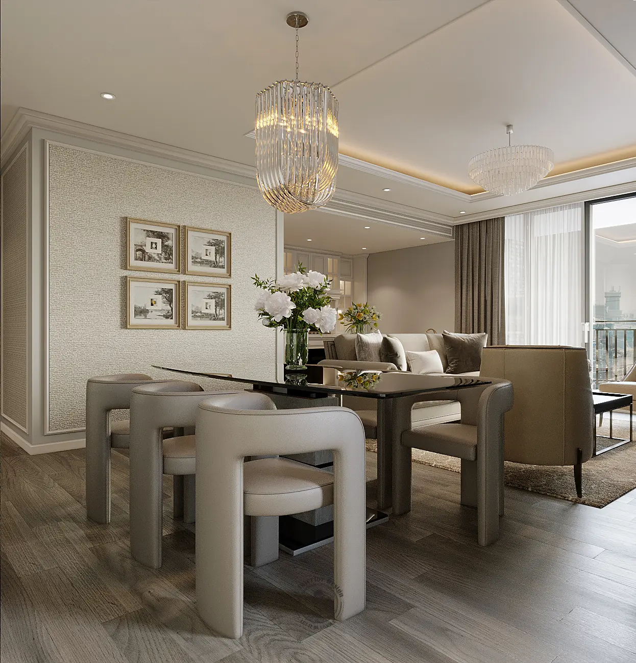 Bàn ăn ghế bọc dáng cong dưới đèn pha lê – thiết kế nội thất căn hộ 126m² Phú Mỹ Hưng – LU Design