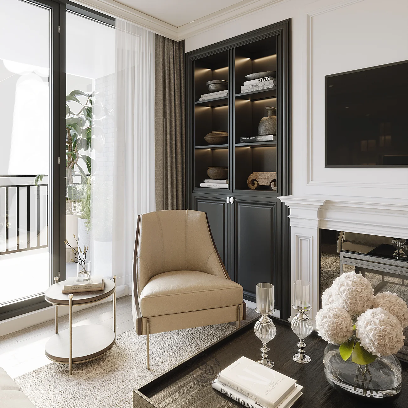Ghế bành da kem cạnh cửa kính ra ban công – thiết kế nội thất căn hộ 126m² Phú Mỹ Hưng – LU Design