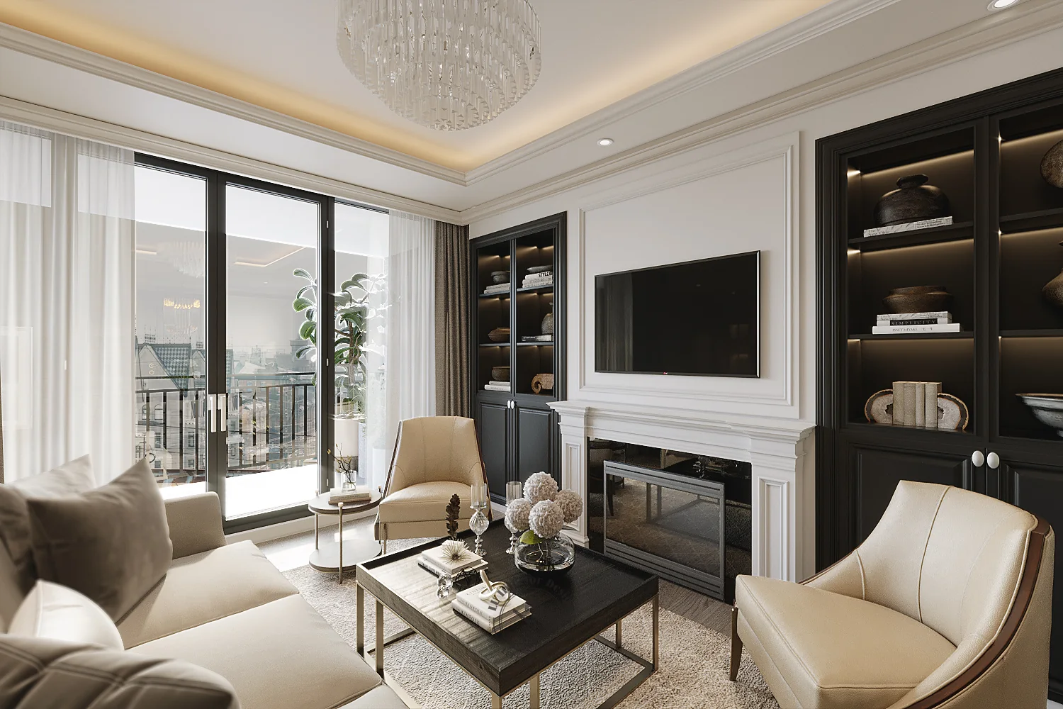 Lò sưởi trang trí ốp đá giữa hai tủ kính khung đen đèn hắt – thiết kế nội thất căn hộ 126m² Phú Mỹ Hưng – LU Design
