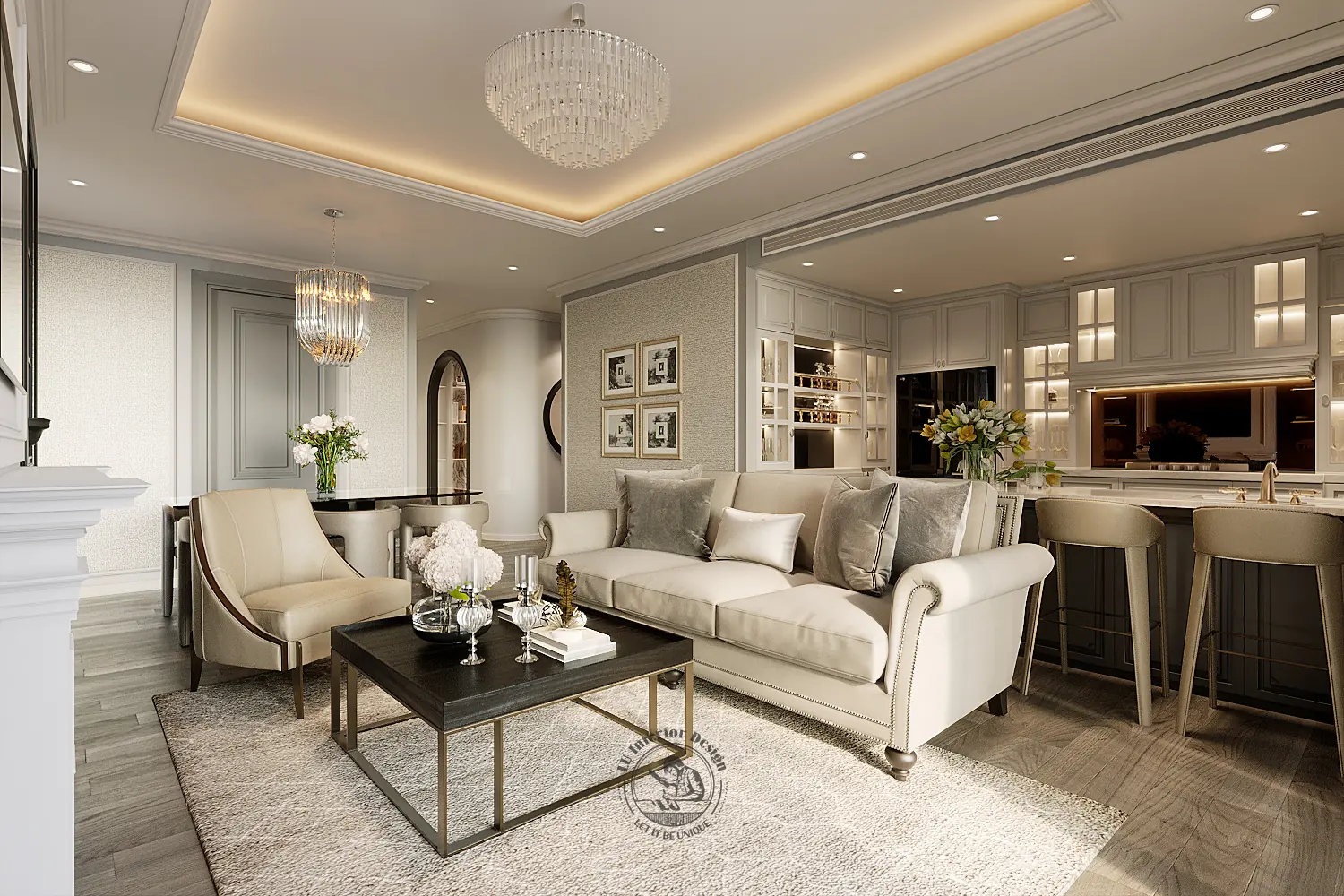 Sofa bọc vải tay cuộn và bàn trà kính đen nhìn về bếp – thiết kế nội thất căn hộ 126m² Phú Mỹ Hưng – LU Design