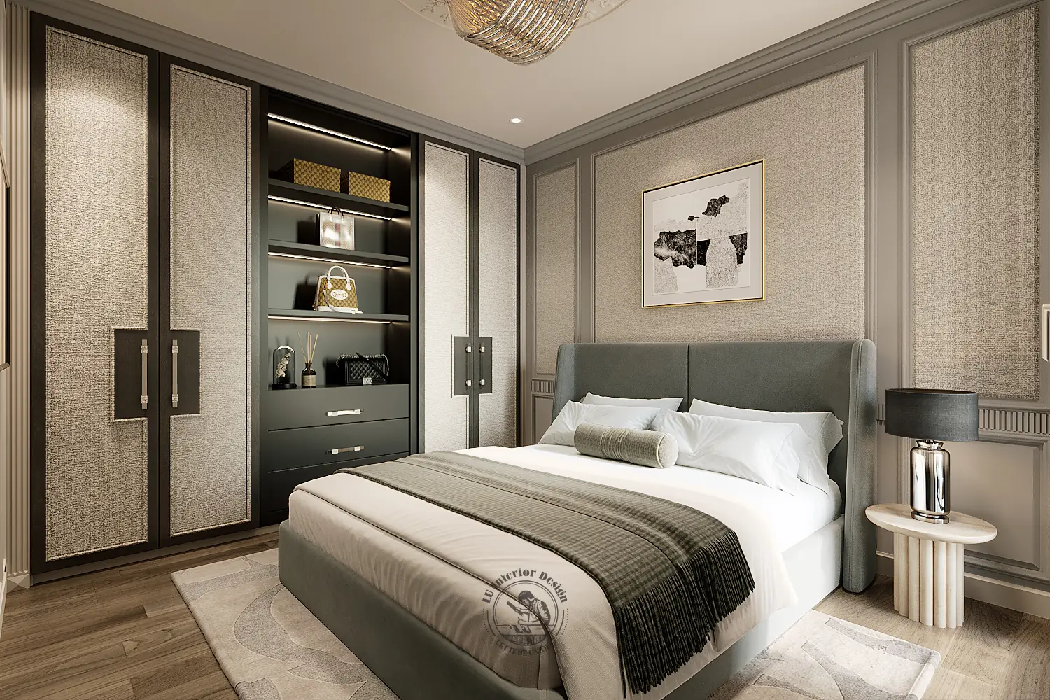 Tủ áo kết hợp kệ đen trưng bày trong phòng ngủ 1 – thiết kế nội thất căn hộ 126m² Phú Mỹ Hưng – LU Design