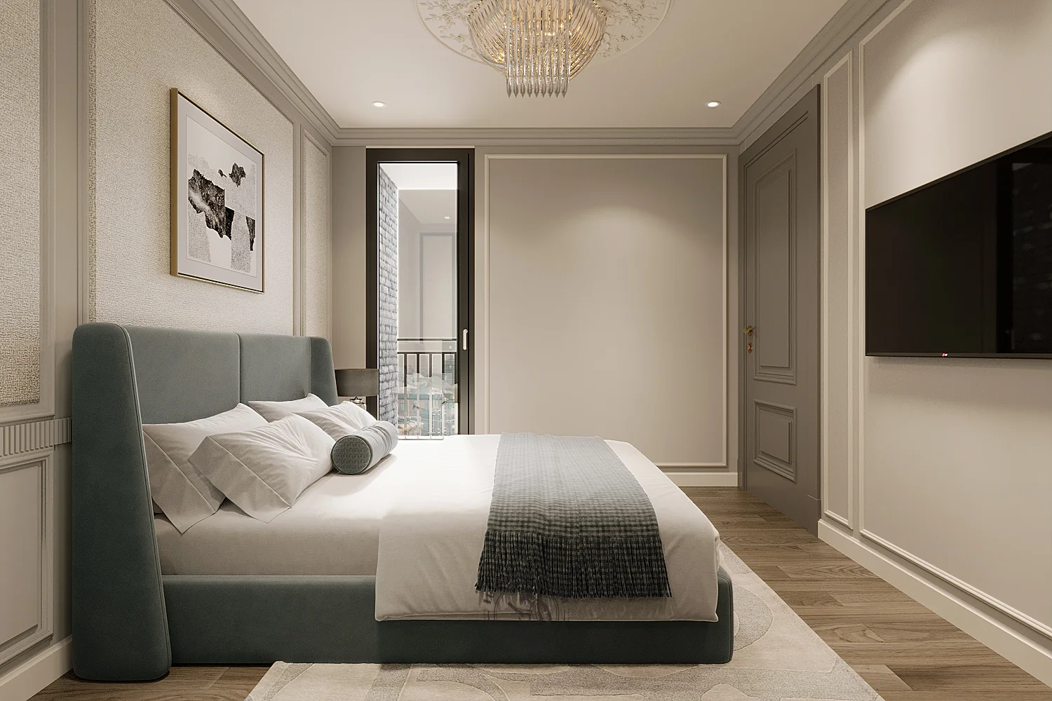 Giường bọc nỉ và vách tivi treo tường phòng ngủ 1 – thiết kế nội thất căn hộ 126m² Phú Mỹ Hưng – LU Design