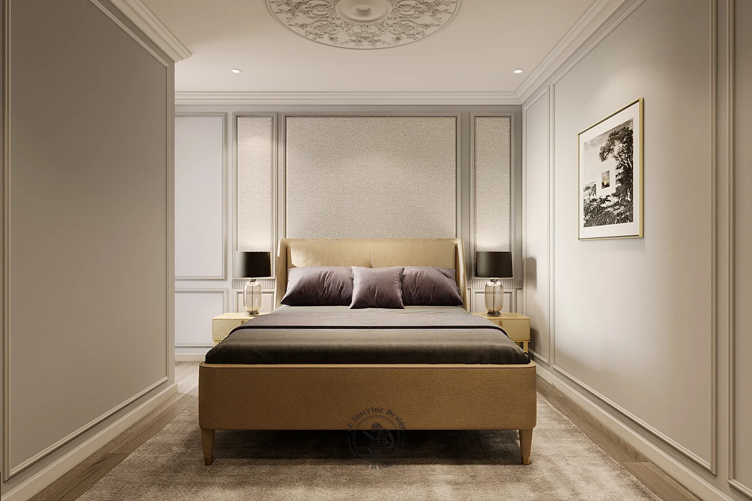 Phòng ngủ 2 với trần hoa văn thạch cao tròn – thiết kế nội thất căn hộ 126m² Phú Mỹ Hưng – LU Design