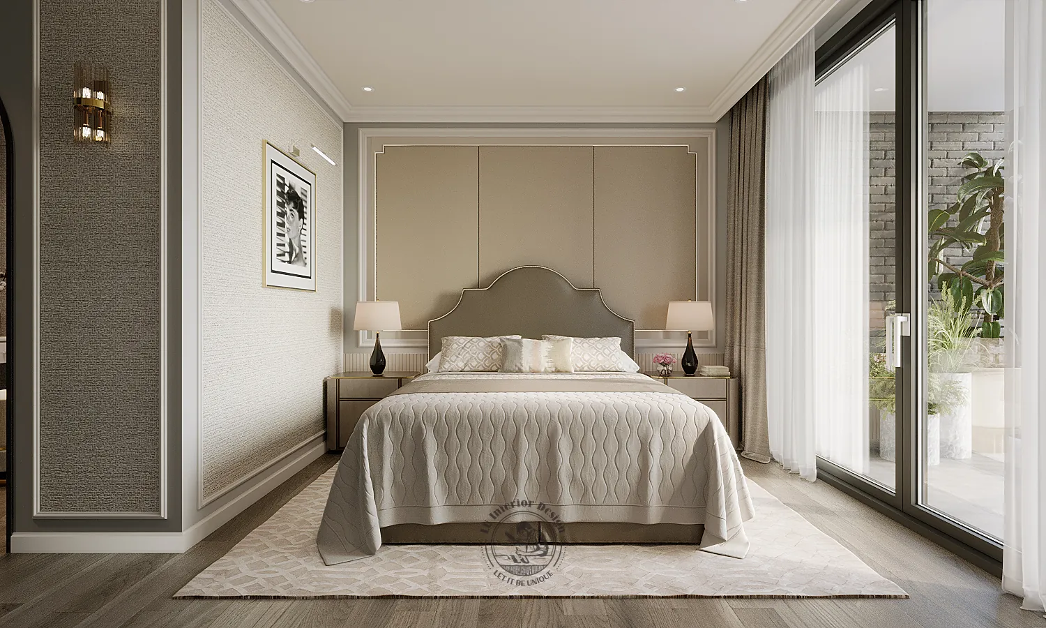 Phòng ngủ master đầu giường bọc da dáng cong và vách phào – thiết kế nội thất căn hộ 126m² Phú Mỹ Hưng – LU Design