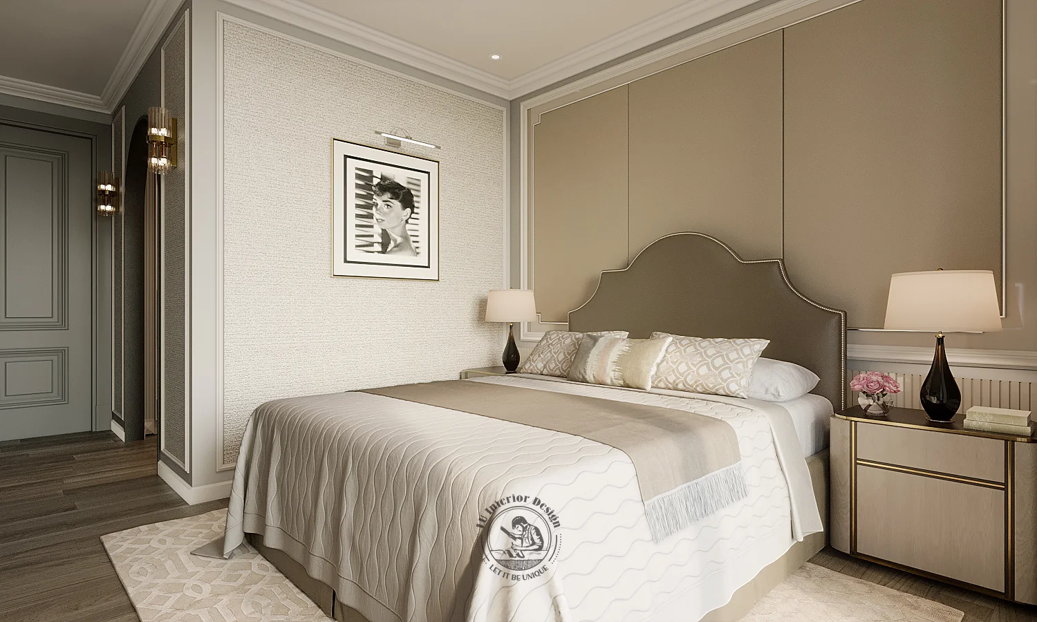 Giường master với tab gỗ và đèn ngủ hai bên – thiết kế nội thất căn hộ 126m² Phú Mỹ Hưng – LU Design