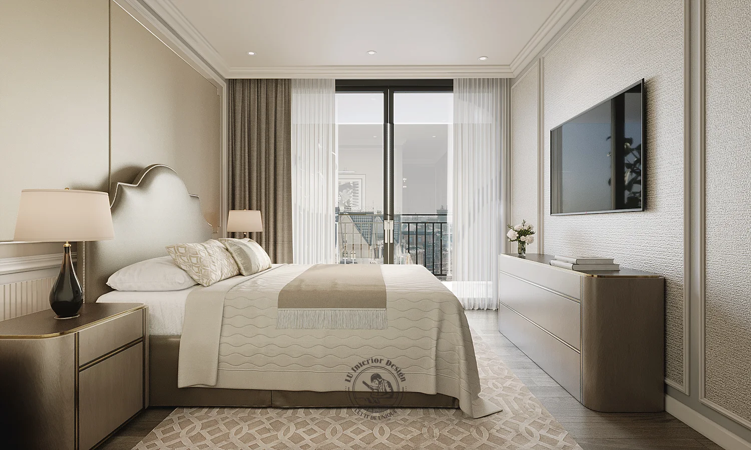 Vách tivi đối diện giường và cửa kính phòng master – thiết kế nội thất căn hộ 126m² Phú Mỹ Hưng – LU Design