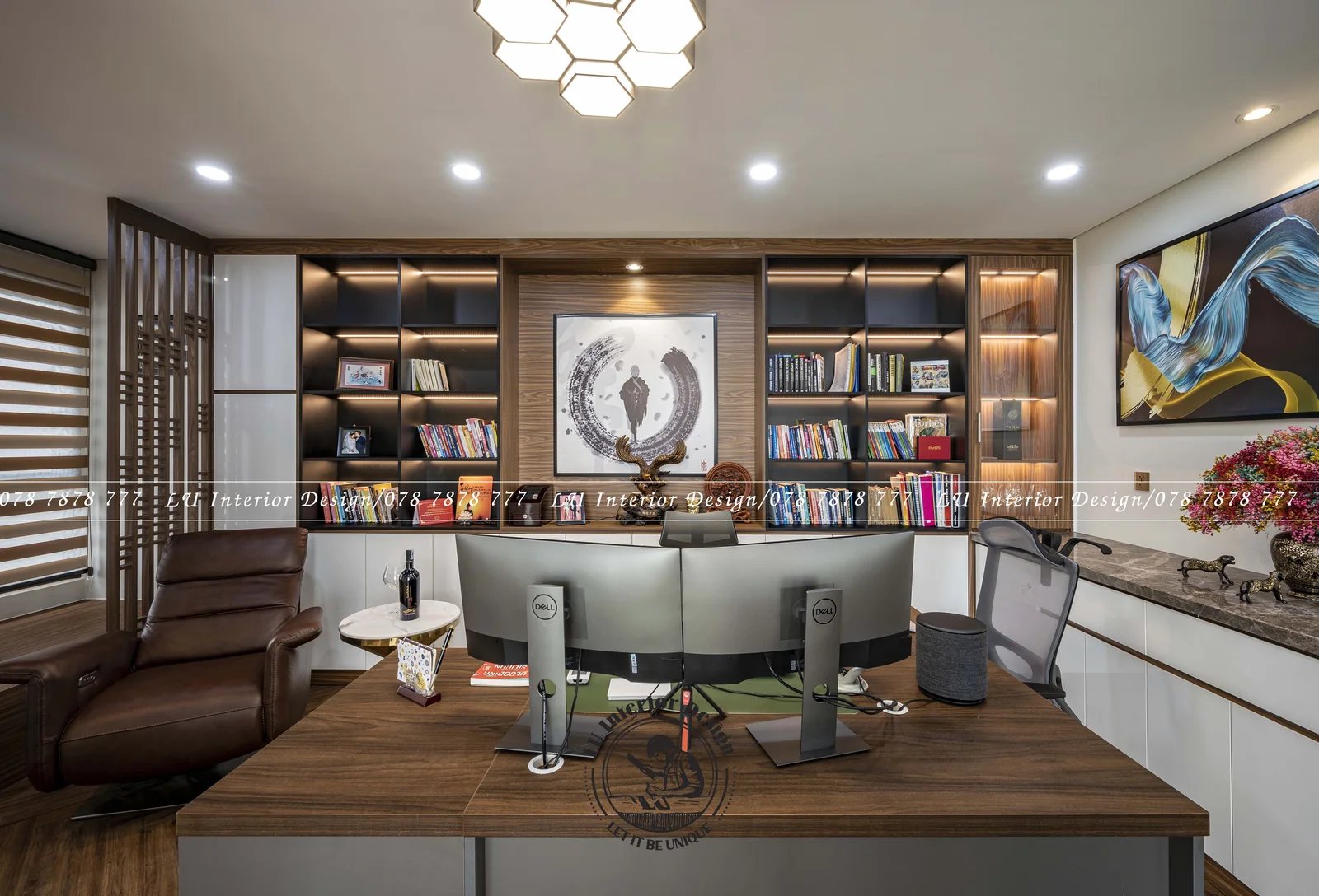 Kệ sách gỗ đèn hắt kịch trần – hình ảnh thực tế công trình căn hộ Duplex 3PN 148m² – LU Design
