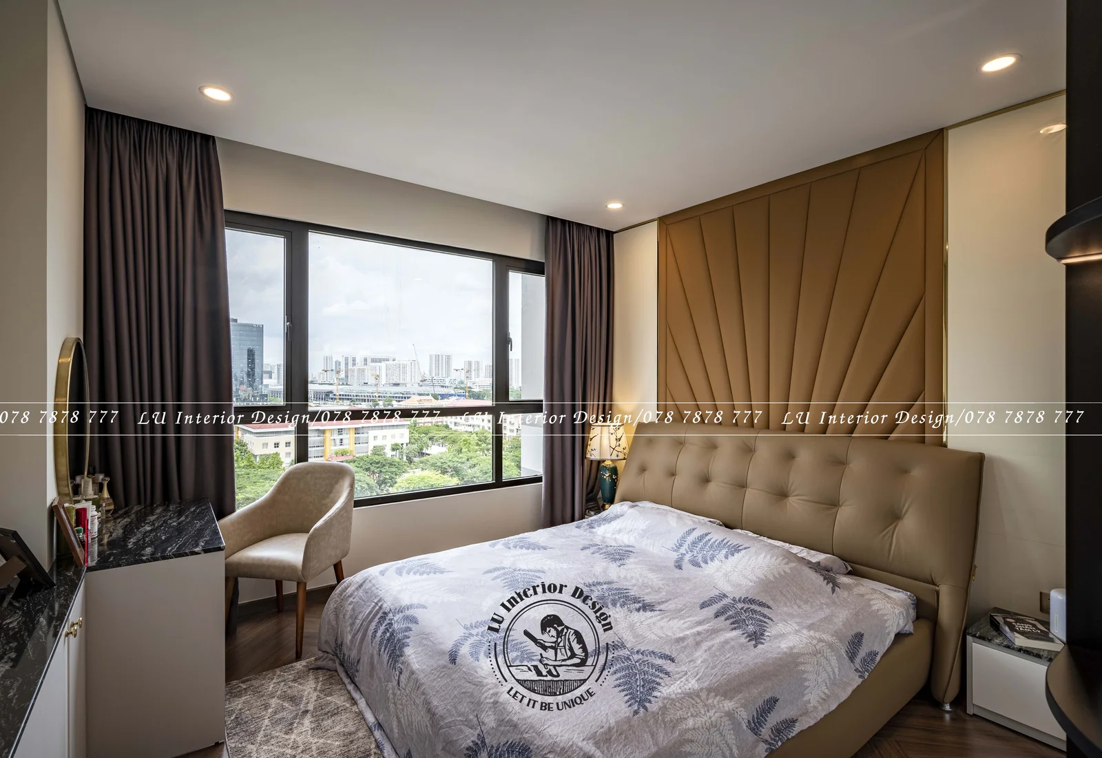 Phòng master đầu giường da bọc nút – hình ảnh thực tế công trình căn hộ Duplex 3PN 148m² – LU Design