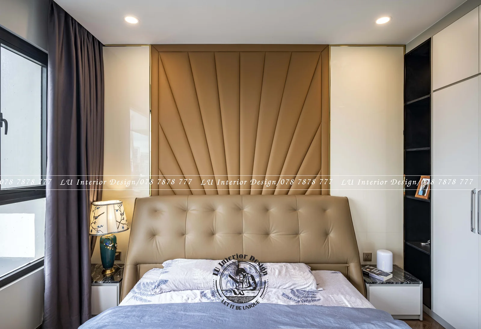 Vách bọc nệm xếp tia màu bò sữa sau giường – hình ảnh thực tế công trình căn hộ Duplex 3PN 148m² – LU Design