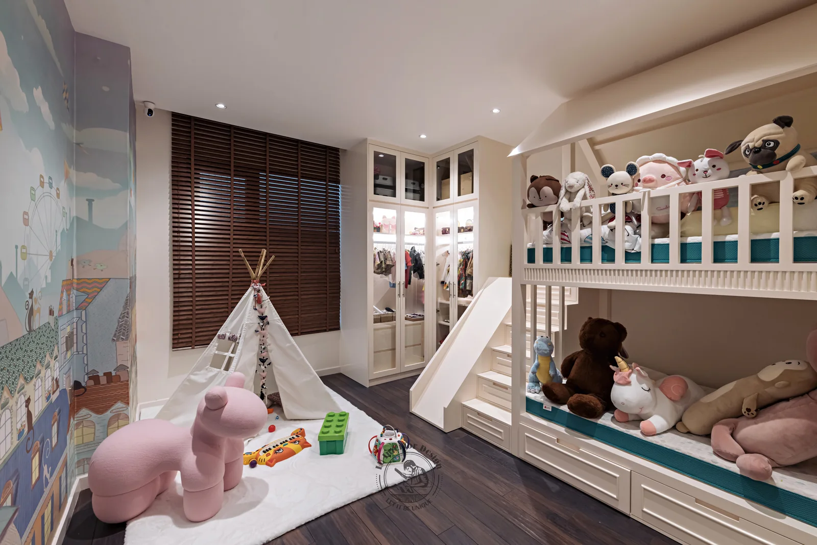 Giường tầng kèm cầu trượt trong phòng bé – hình ảnh thực tế công trình căn hộ Duplex The View 148m² – LU Design