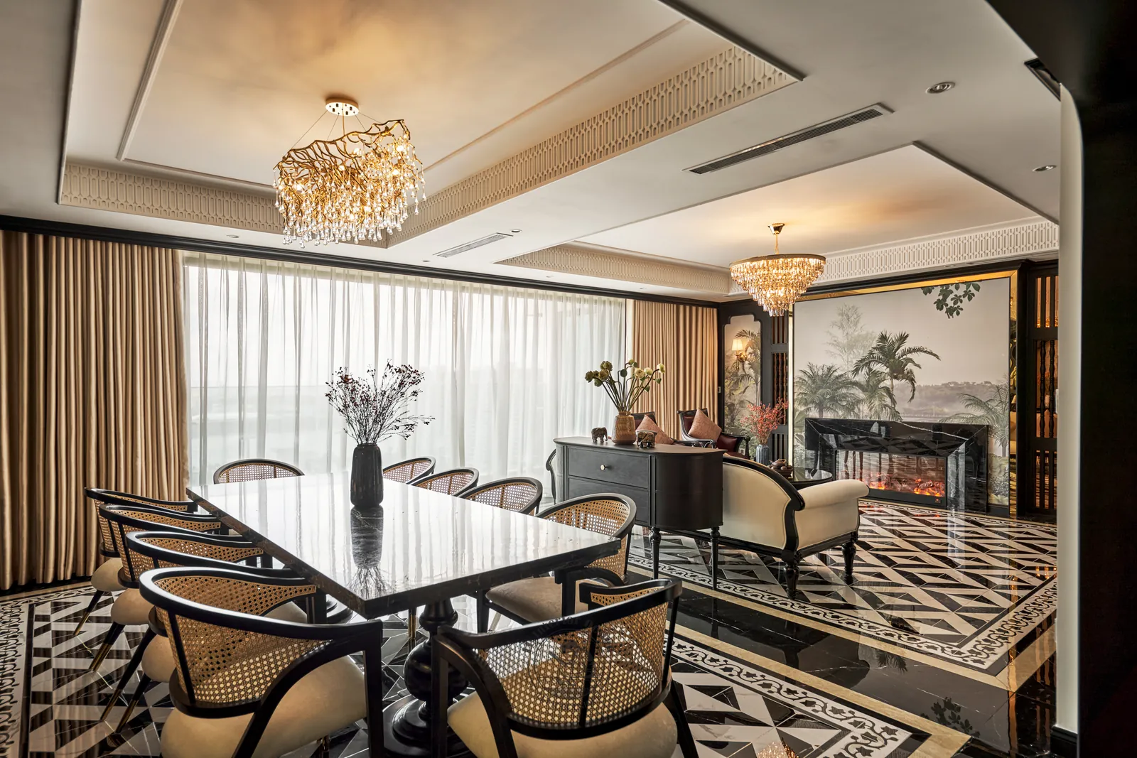 Ghế mây và đèn chùm pha lê phòng ăn – hình ảnh thực tế công trình căn hộ Feliz En Vista – LU Design