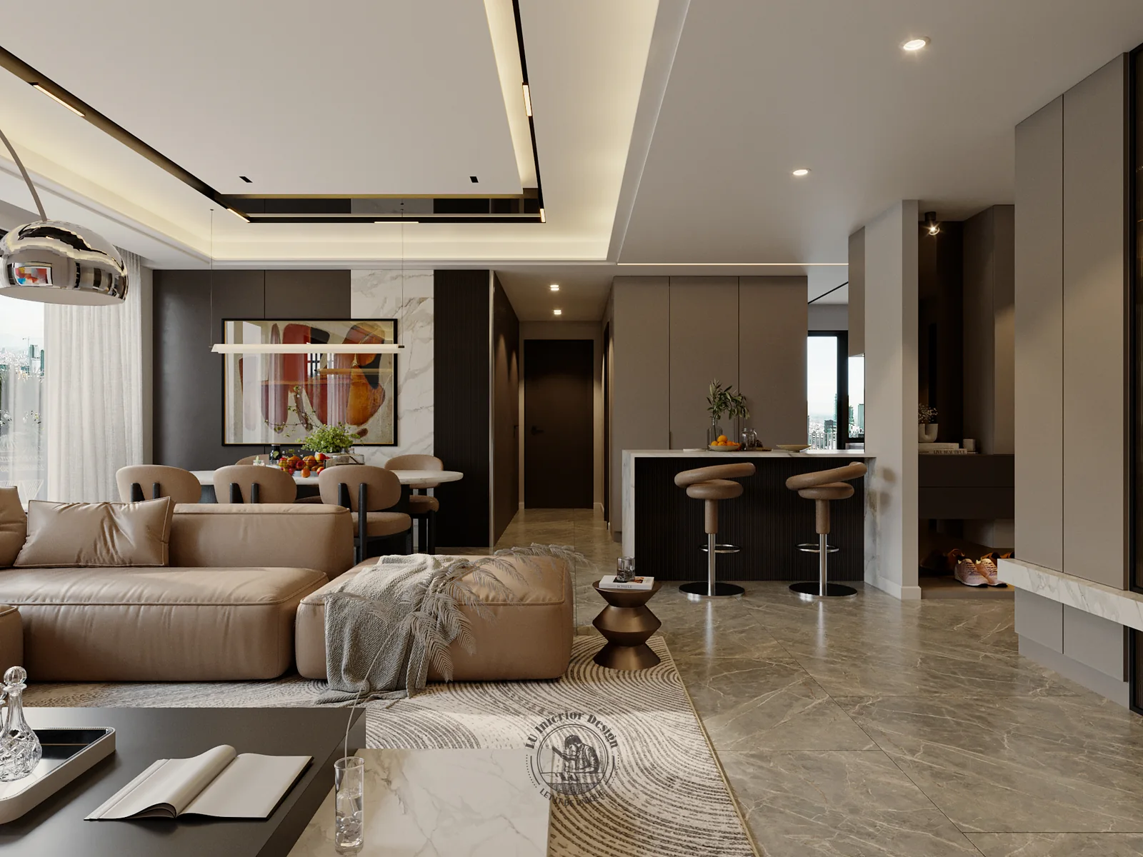 Quầy bar ghế cao nối phòng khách và bếp – thiết kế nội thất căn hộ 3PN The Infiniti 135m² – LU Design