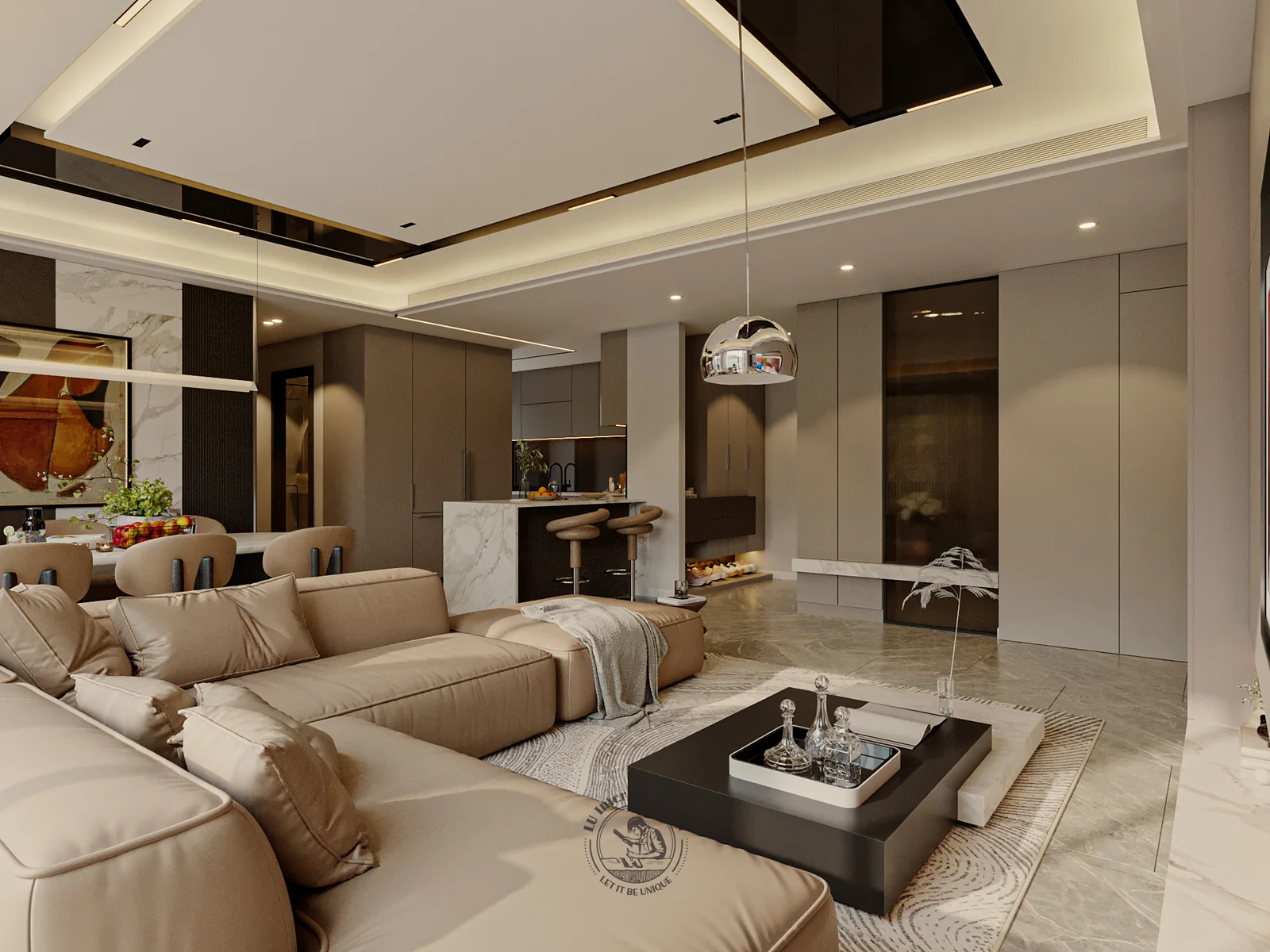 Bàn trà đen và sofa da bò nhìn ra cửa kính – thiết kế nội thất căn hộ 3PN The Infiniti 135m² – LU Design