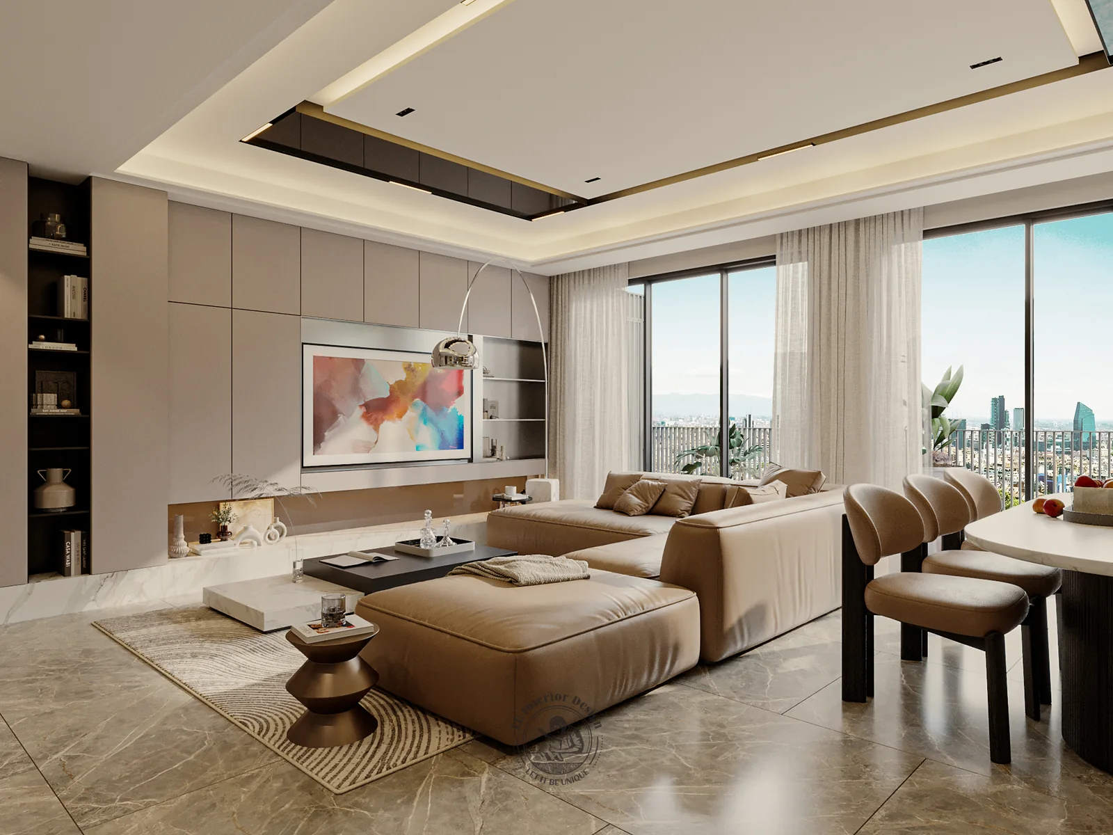 Vách tivi xám ấm và tranh màu khổ lớn – thiết kế nội thất căn hộ 3PN The Infiniti 135m² – LU Design