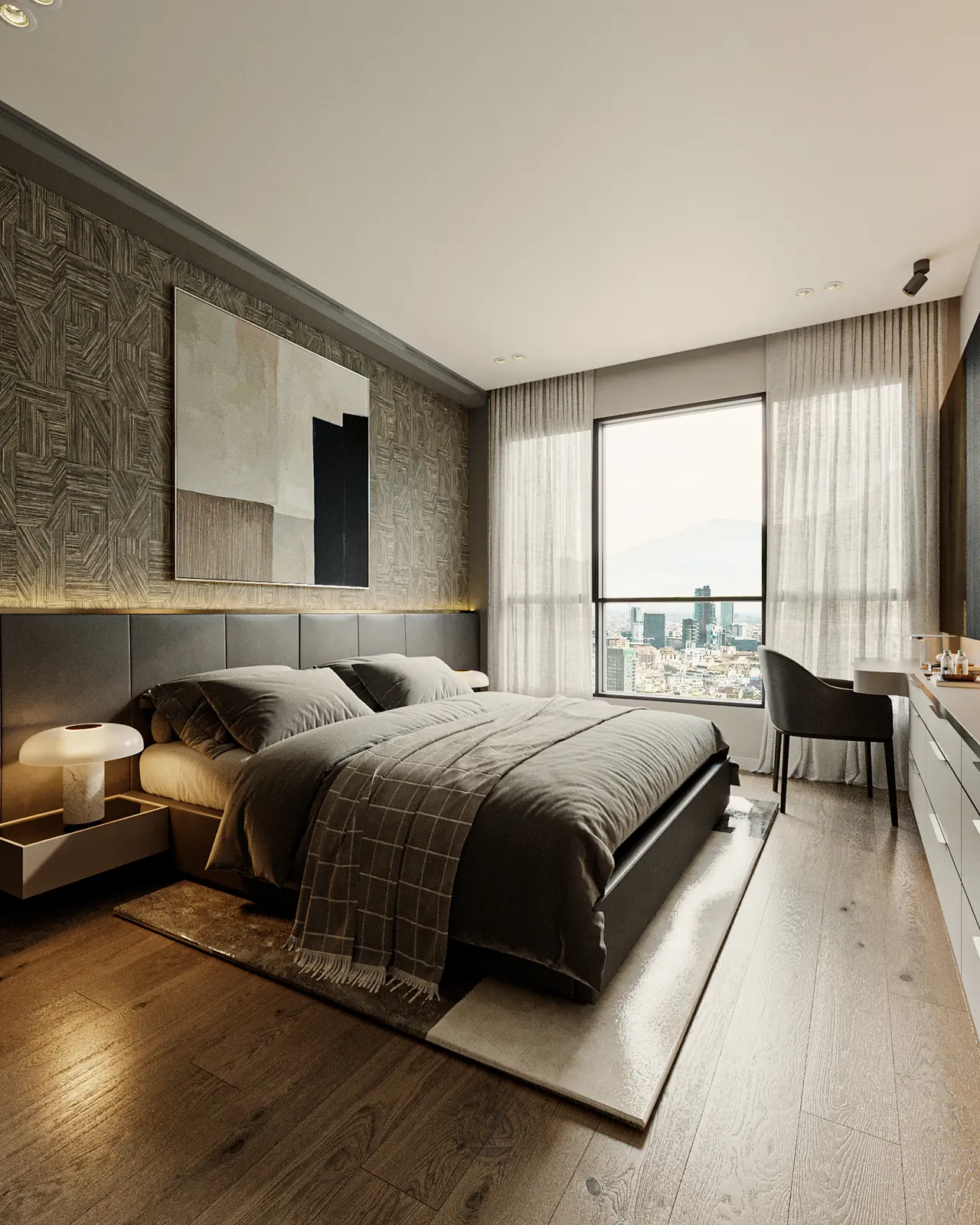 Giấy dán hoa văn chìm sau giường phòng ngủ 2 – thiết kế nội thất căn hộ 3PN The Infiniti 135m² – LU Design