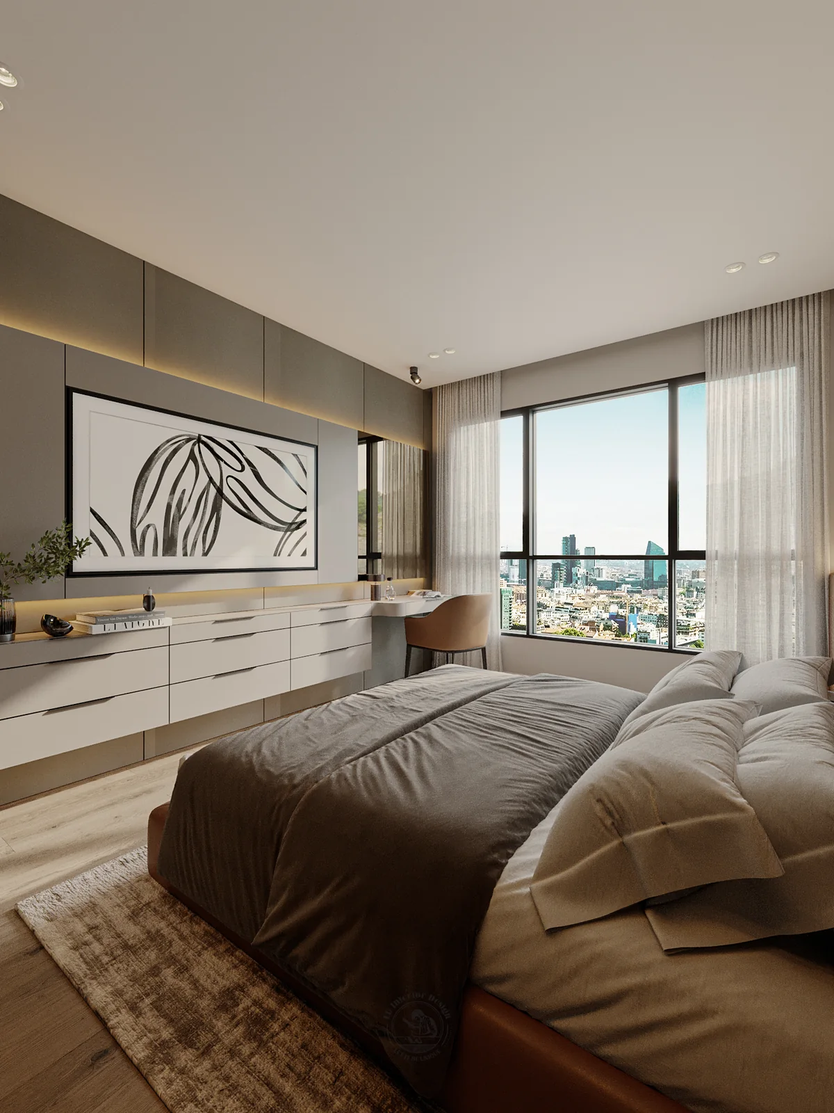 Bàn trang điểm treo trong phòng master – thiết kế nội thất căn hộ 3PN The Infiniti 135m² – LU Design