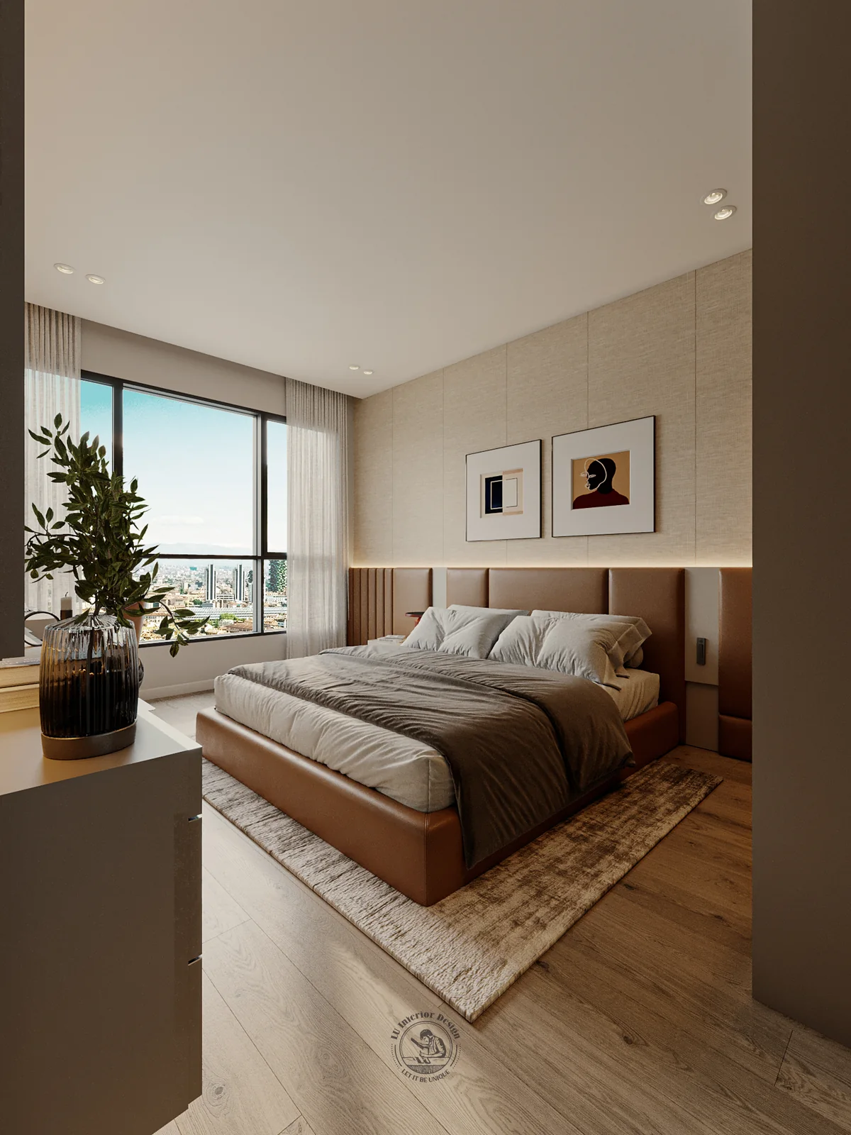 Tranh đen trắng nét cọ trên giường master – thiết kế nội thất căn hộ 3PN The Infiniti 135m² – LU Design