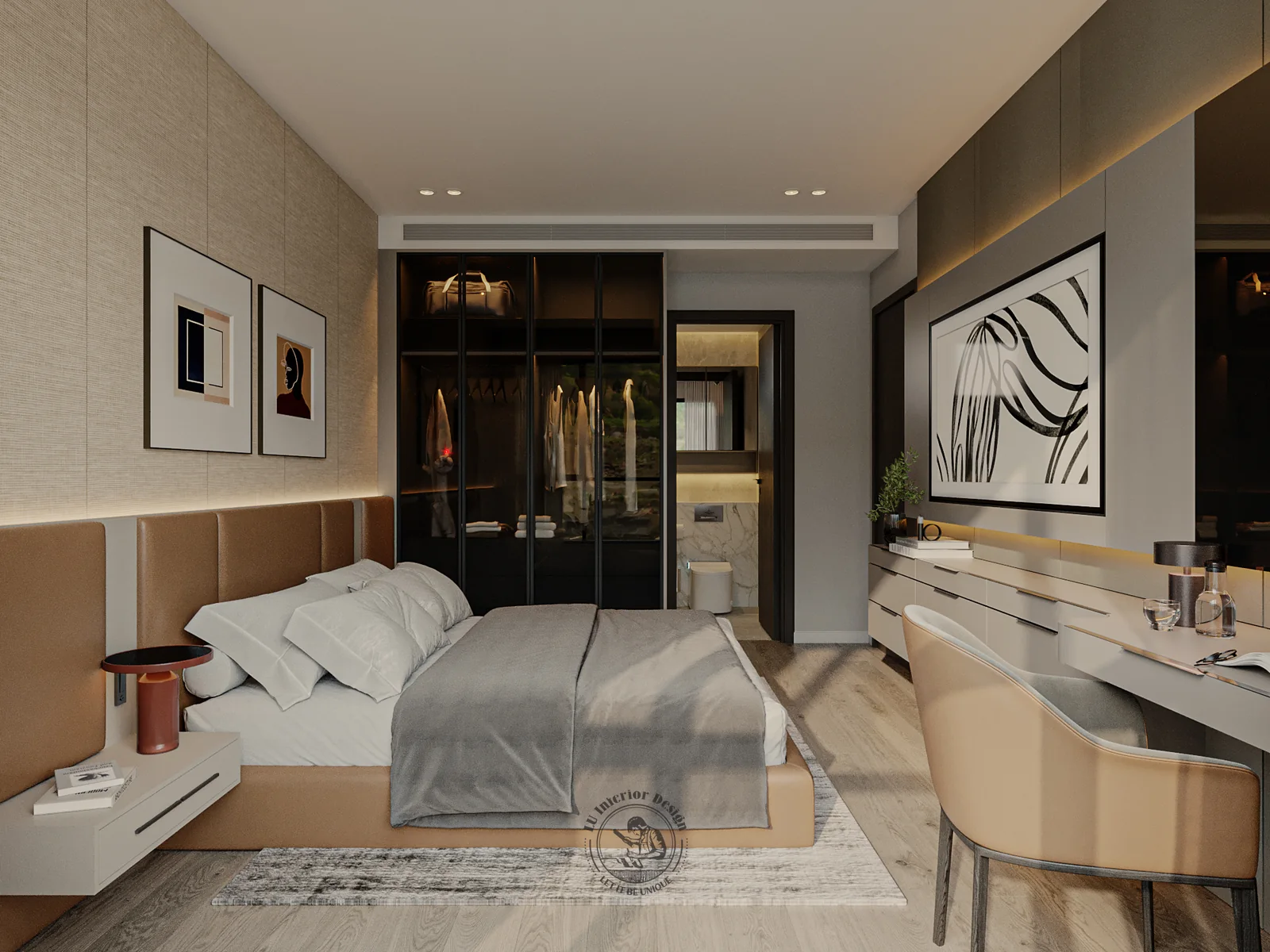 Tủ áo kính khung đen phòng master – thiết kế nội thất căn hộ 3PN The Infiniti 135m² – LU Design