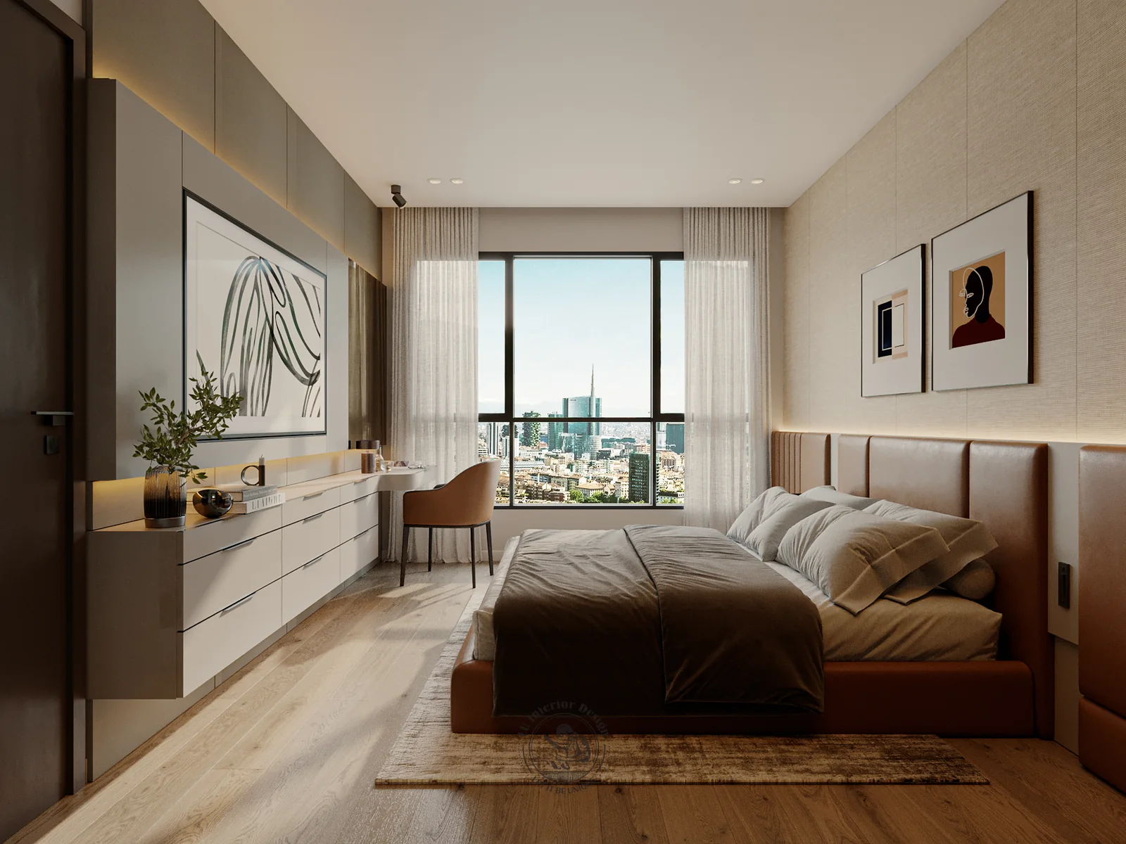Phòng master vách đầu giường bọc da bò – thiết kế nội thất căn hộ 3PN The Infiniti 135m² – LU Design