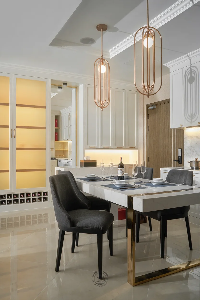 Đèn thả đồng dáng thuôn dài trên bàn ăn – hình ảnh thực tế công trình căn hộ Jamila Khang Điền – LU Design