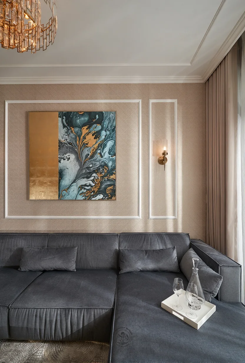 Tranh chim công trên vách phòng khách – hình ảnh thực tế công trình căn hộ Jamila Khang Điền – LU Design