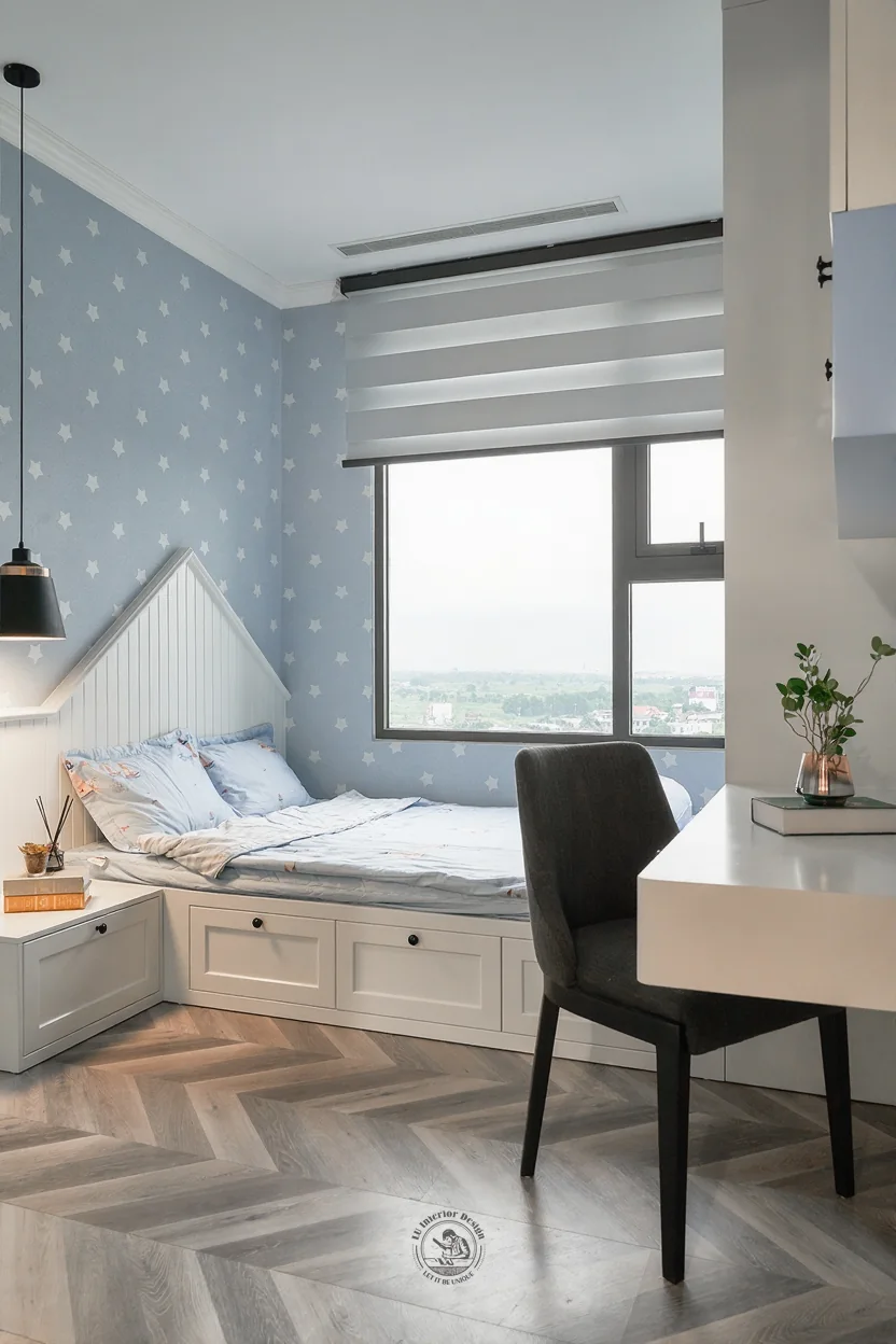Giường bục và bàn học quay ra cửa sổ – hình ảnh thực tế công trình căn hộ Jamila Khang Điền – LU Design