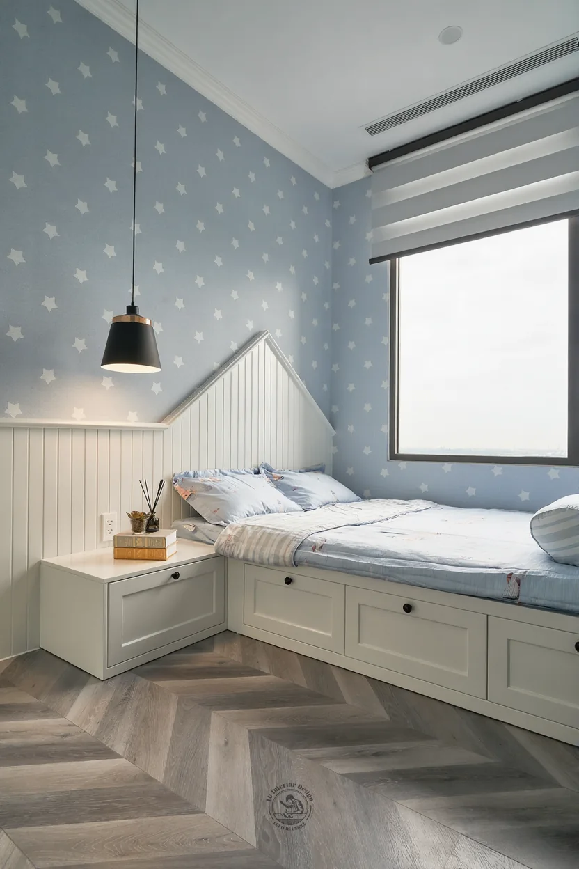 Phòng bé trai đầu giường hình mái nhà – hình ảnh thực tế công trình căn hộ Jamila Khang Điền – LU Design