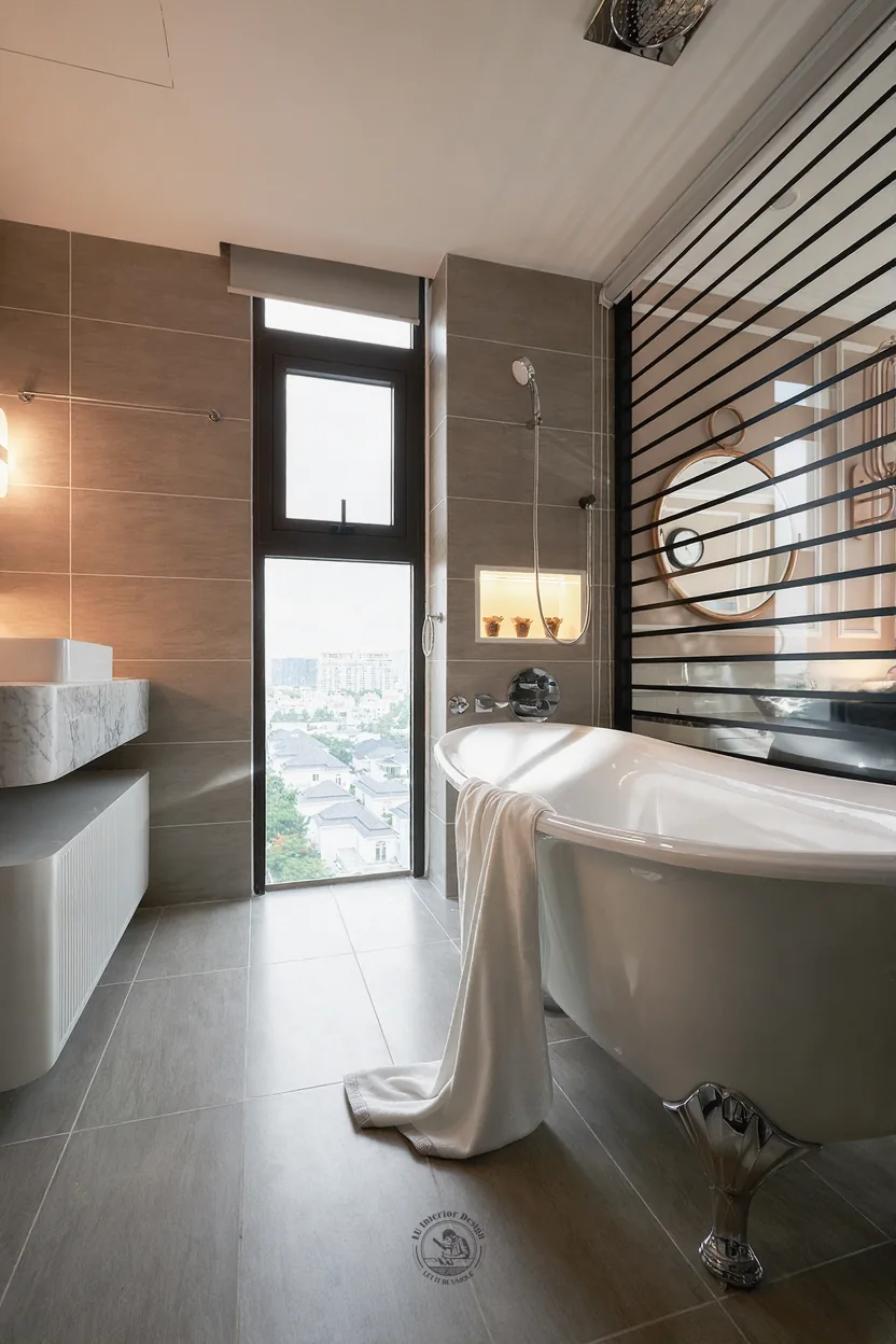 Bồn tắm chân đặt sát cửa kính phòng tắm master – hình ảnh thực tế công trình căn hộ Jamila Khang Điền – LU Design