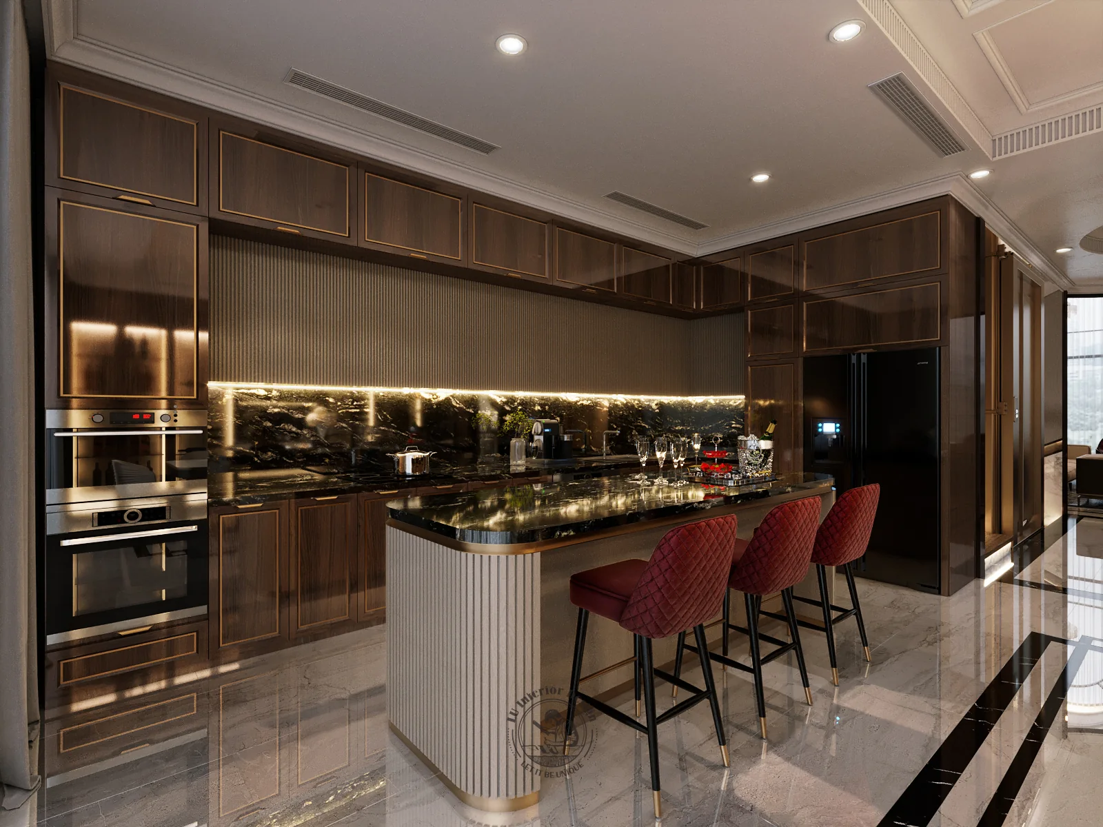 Bếp quầy bar ghế đỏ – thiết kế nội thất nhà phố Thiên Kim – LU Design