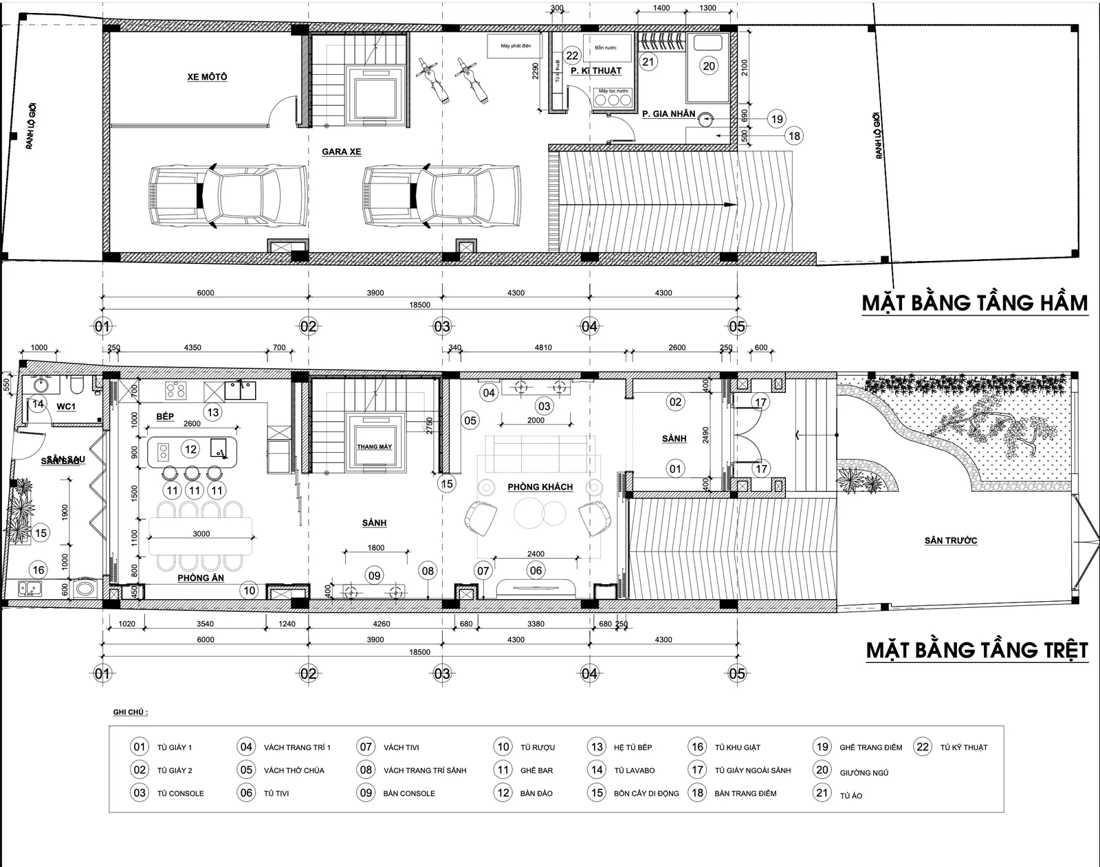 Mặt bằng tầng hầm và tầng trệt nhà phố Thiên Kim – thiết kế nội thất nhà phố Thiên Kim – LU Design
