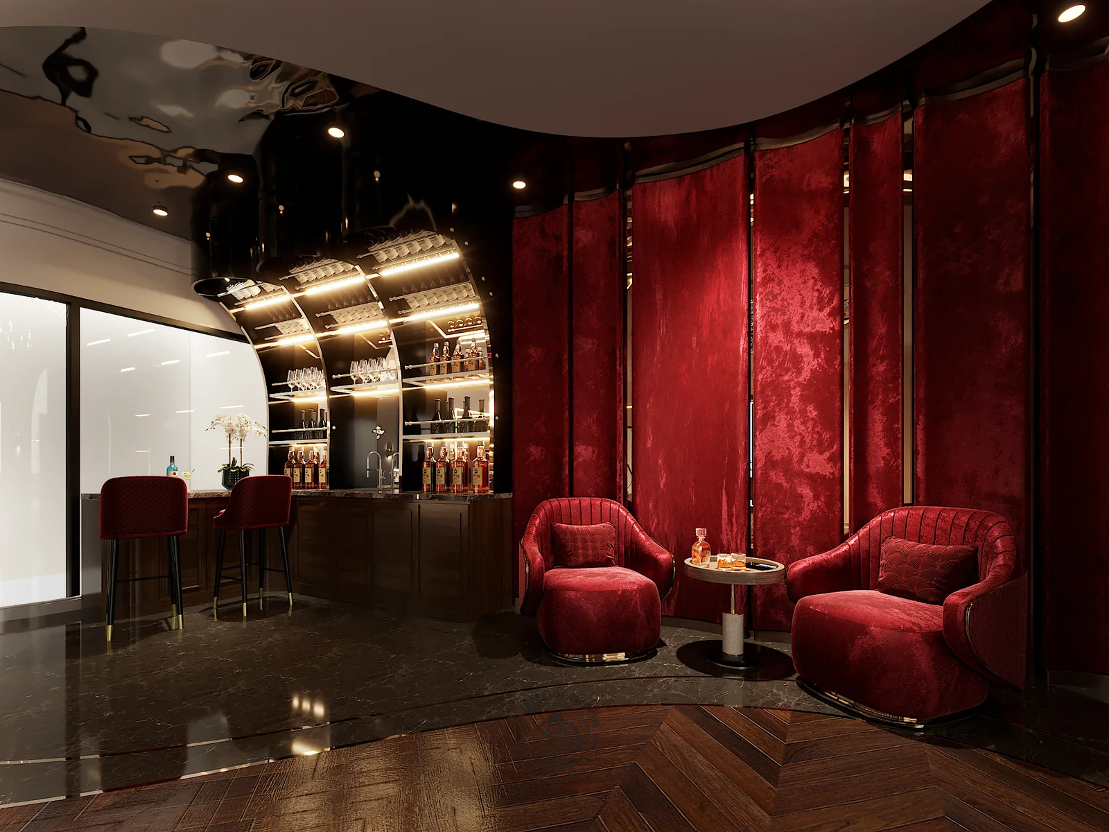 Ghế nhung đỏ cạnh quầy bar – thiết kế nội thất nhà phố Thiên Kim – LU Design