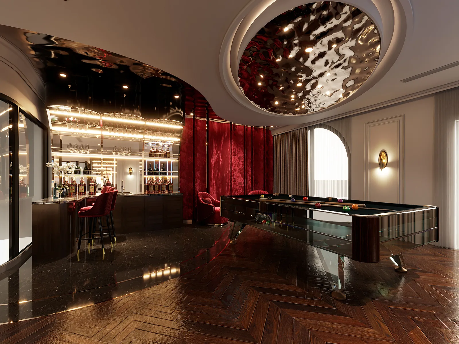 Quầy bar rèm nhung đỏ – thiết kế nội thất nhà phố Thiên Kim – LU Design