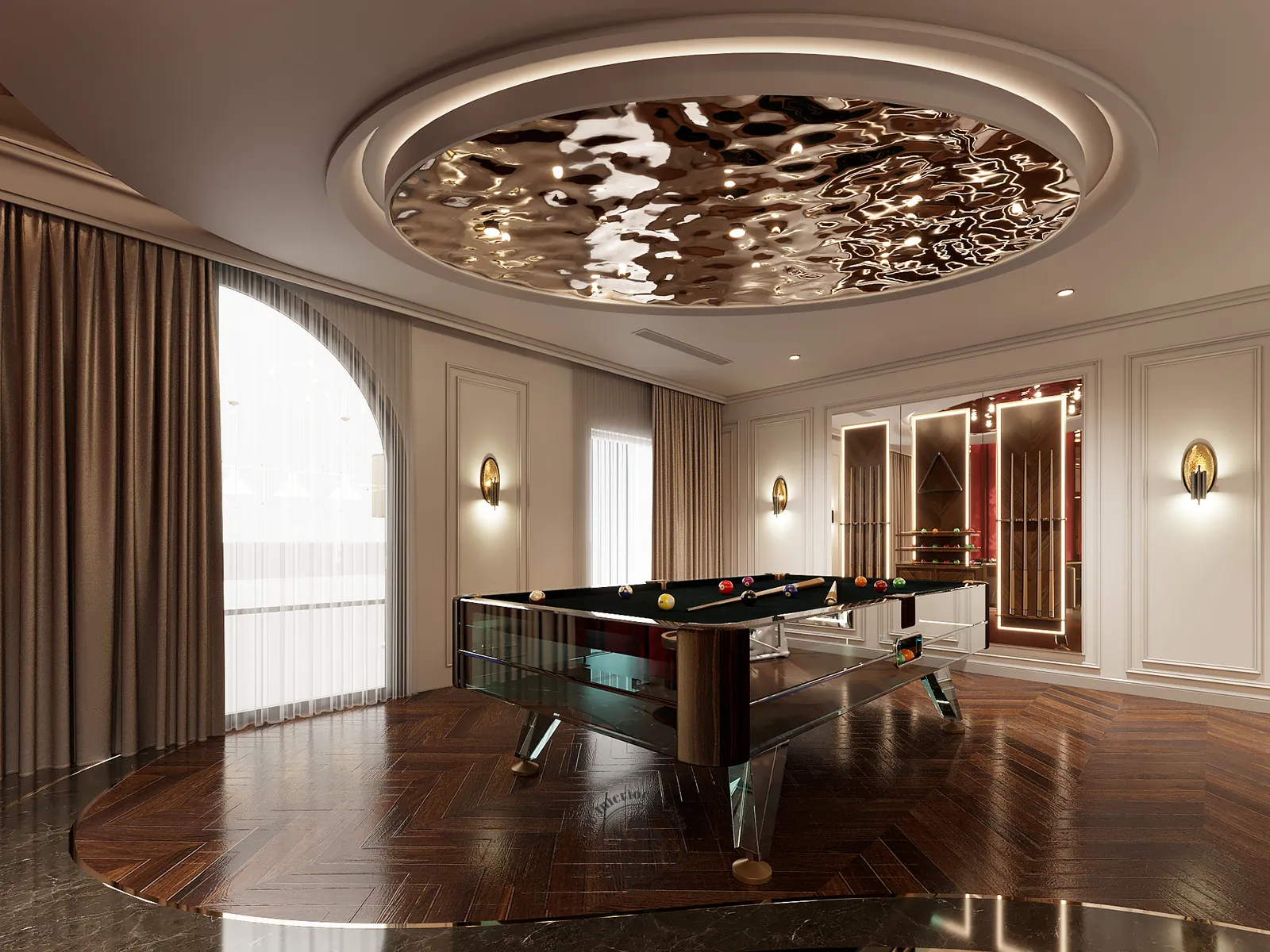 Trần gương sóng phòng giải trí – thiết kế nội thất nhà phố Thiên Kim – LU Design