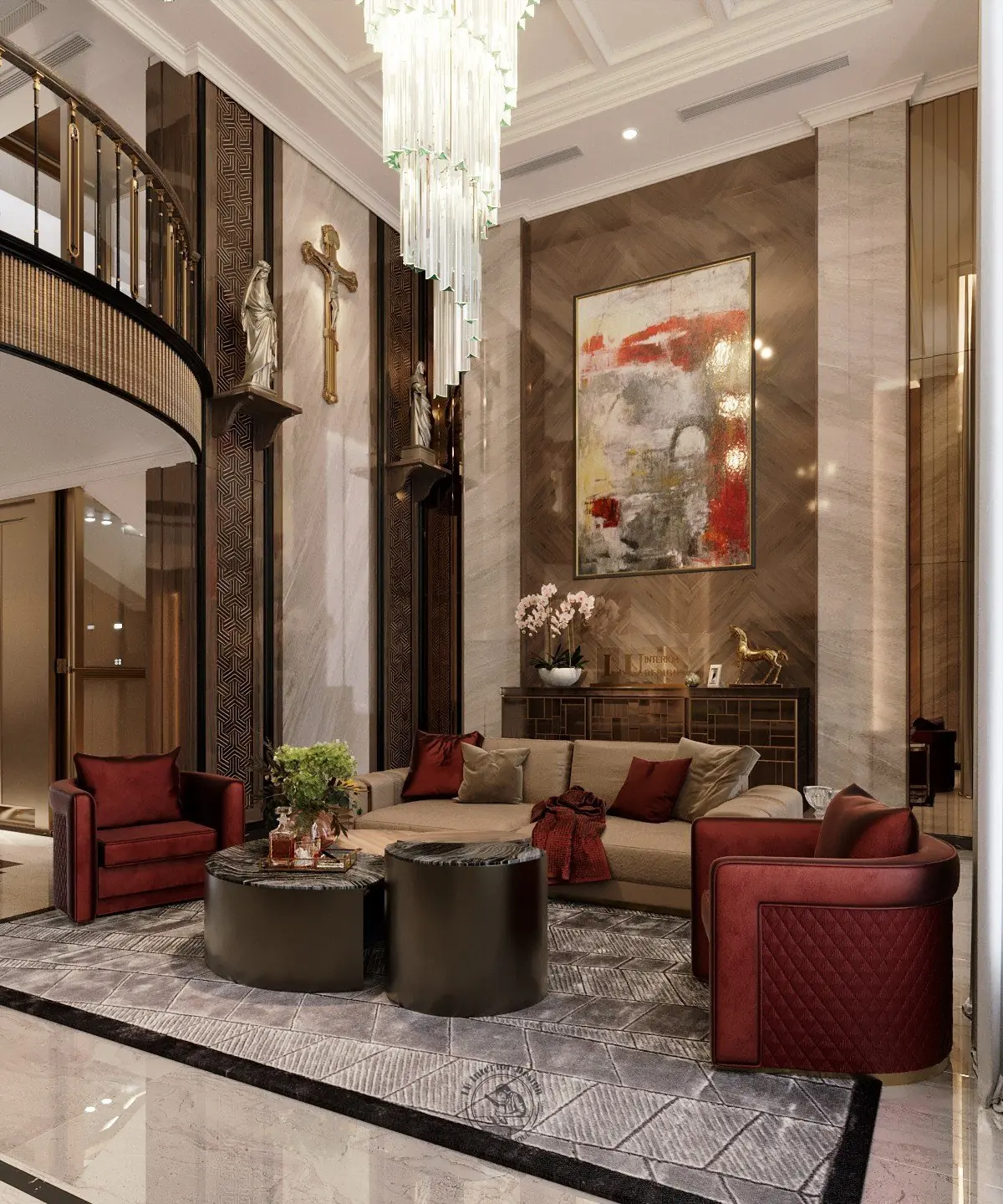 Ghế nhung đỏ và sofa kem phòng khách – thiết kế nội thất nhà phố Thiên Kim – LU Design