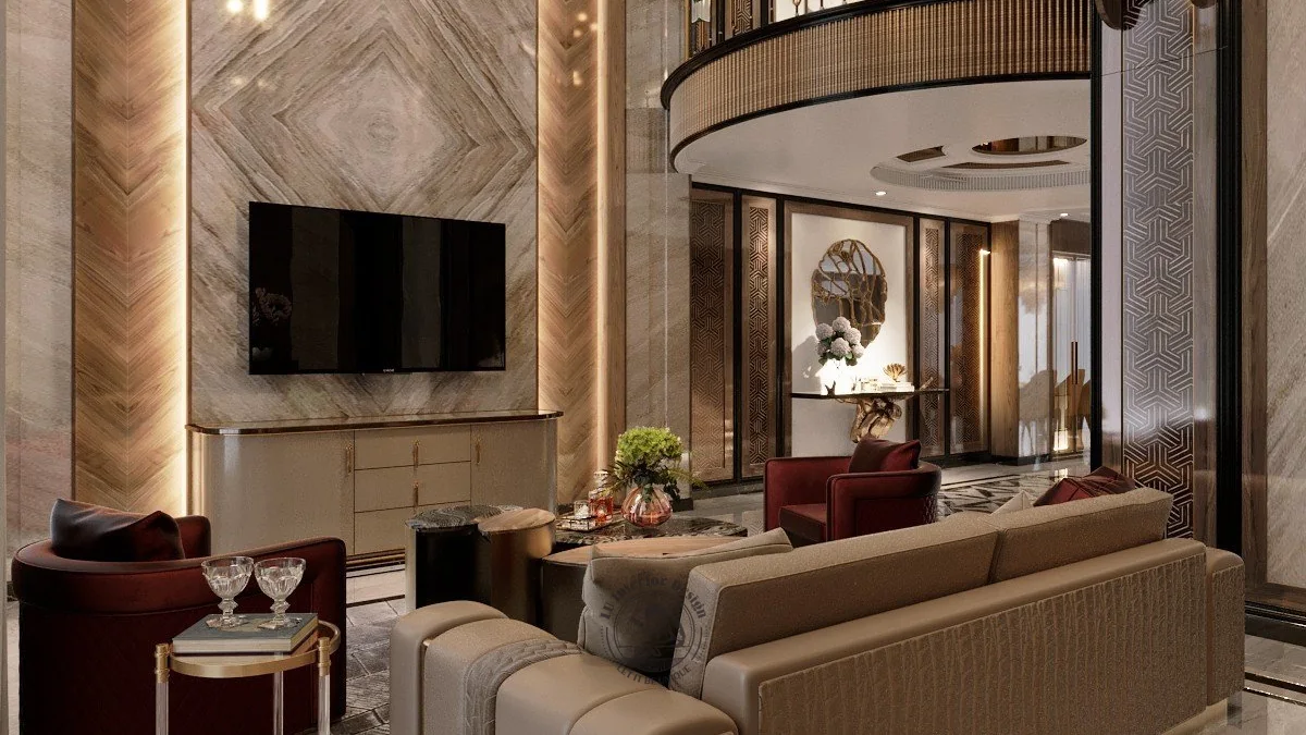 Phòng khách thông tầng với đèn chùm pha lê – thiết kế nội thất nhà phố Thiên Kim – LU Design